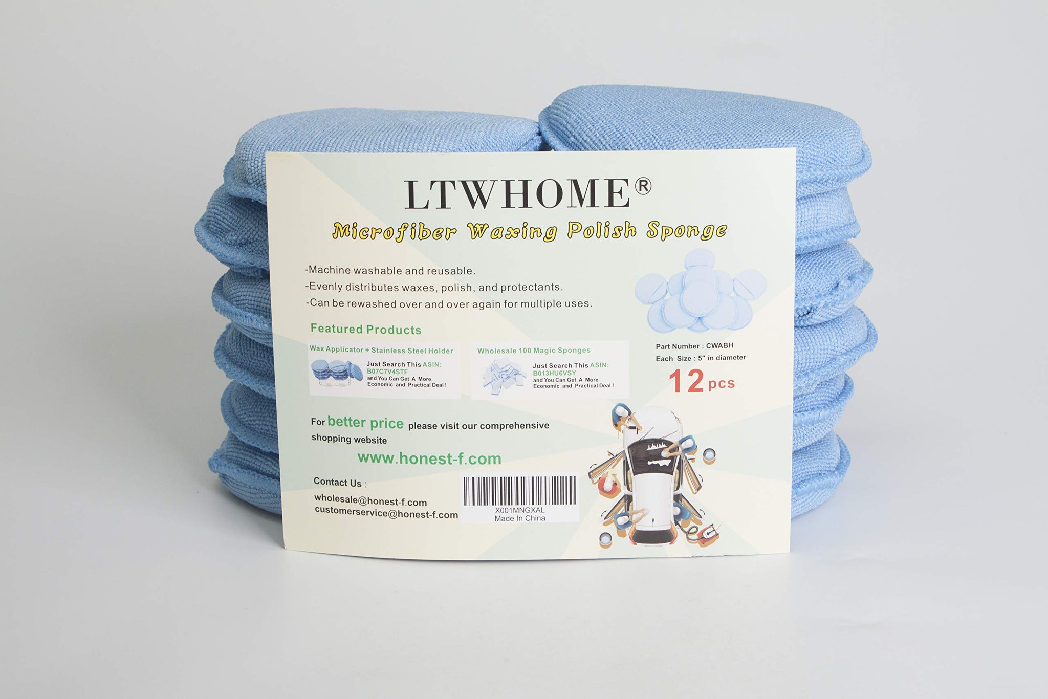 LTWHOME Blue Microfiber Wax Polish Applicator Cleaning Detailing Foam Sponge Pad with Finger Pocket for Cars Part Number CWABH(Pack of 12)