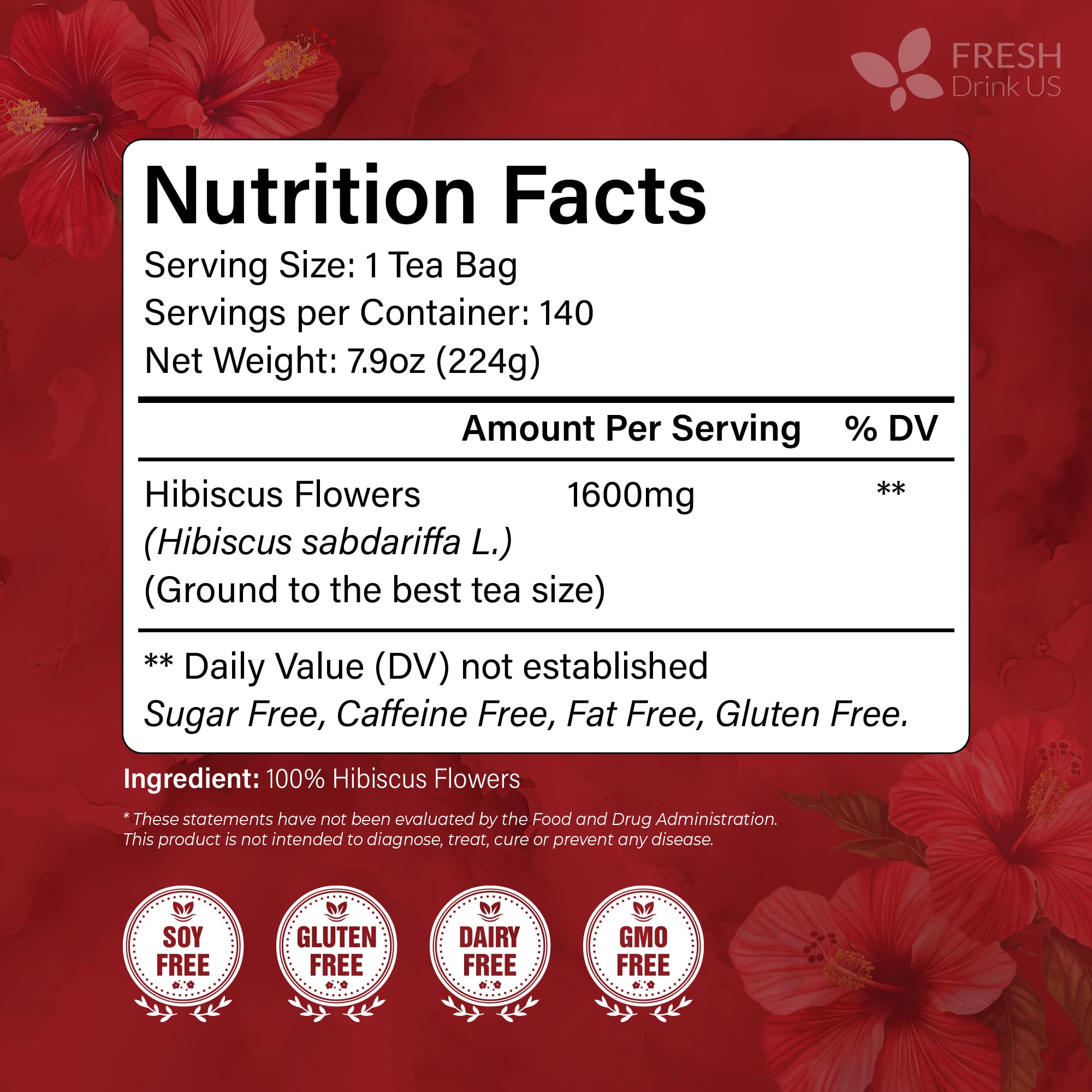 FRESHDRINKUS 140 Hibiscus Flowers Tea Bags, 100% Natural, Pure from Hibiscus Flowers. Loose Flower Hibiscus Herbal Tea. Hibiscus Flower Tea. No Sugar