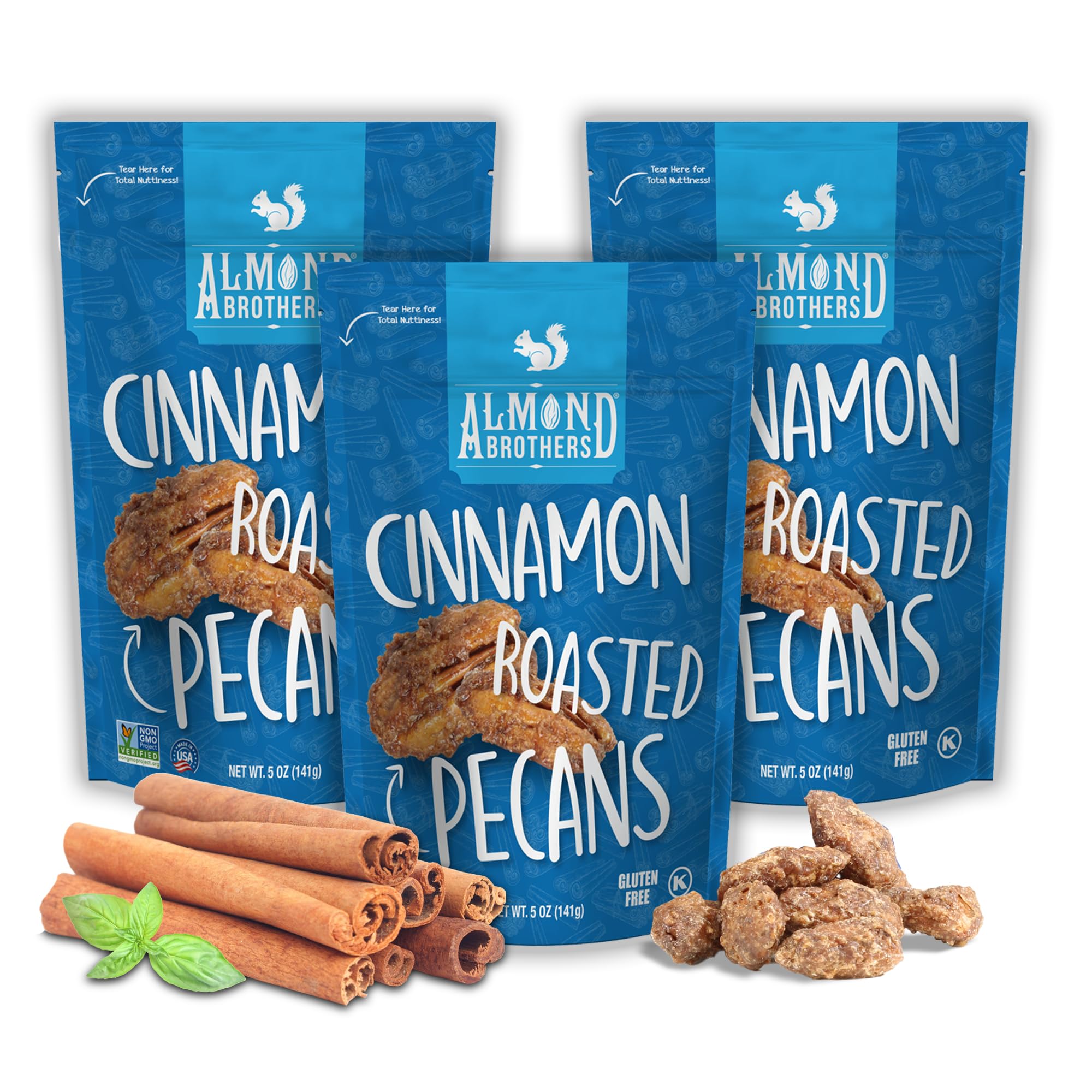 Almond Brothers Cinnamon Roasted Pecans - Pack of 3, 5 oz - Hand Crafted Candied Cinnamon Pecans, Gluten-Free, Non-GMO
