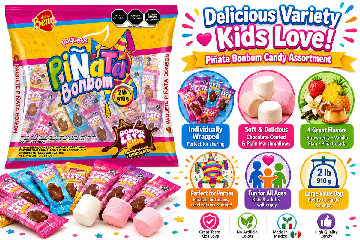 Piñata Bonbom Mexican Marshmallow Candy Mix, 2 lb (910g), 4 Flavors, Individually Wrapped Party Candy
