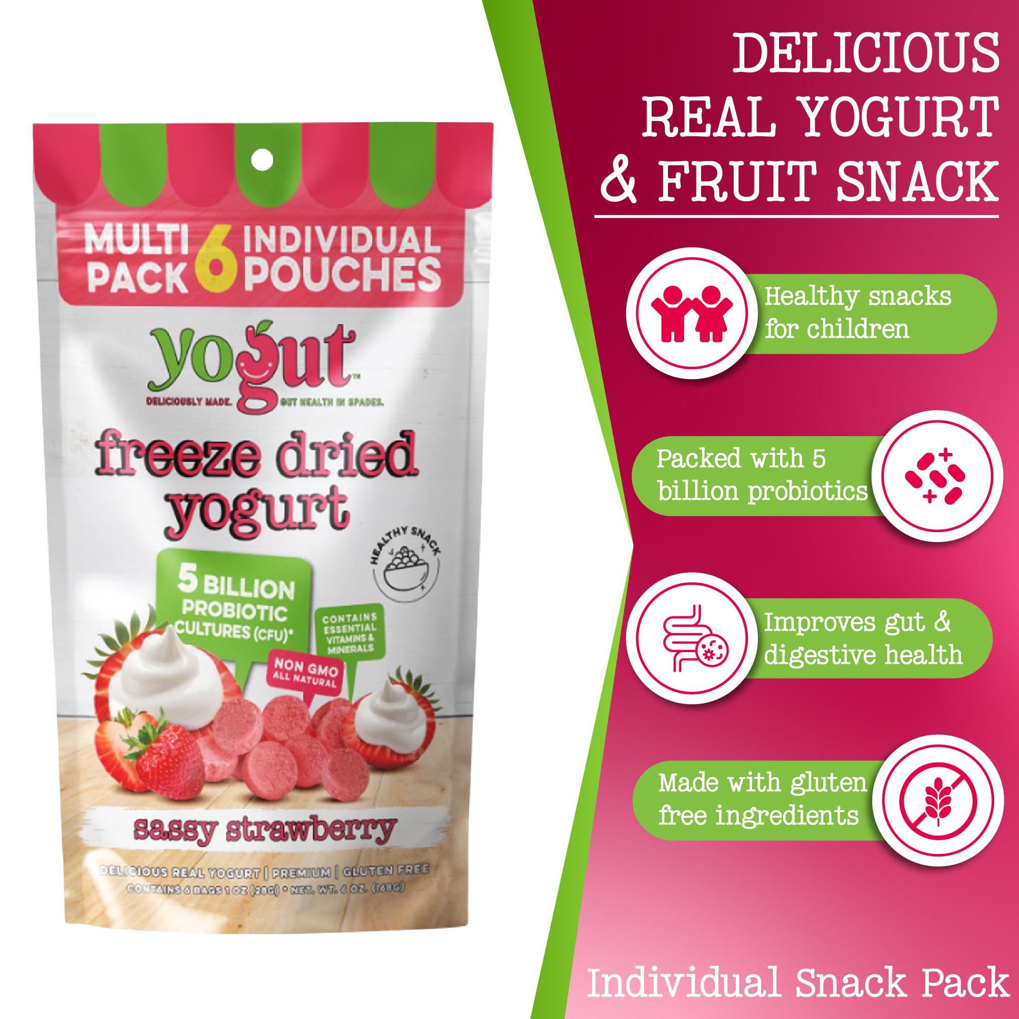 YoGut Freeze Dried Yogurt Snack Pack, Healthy, On-the-Go Smoothie Melts Snacks for Kids & Adults, Gluten Free, Non GMO with 5 Billion Live Probiotics