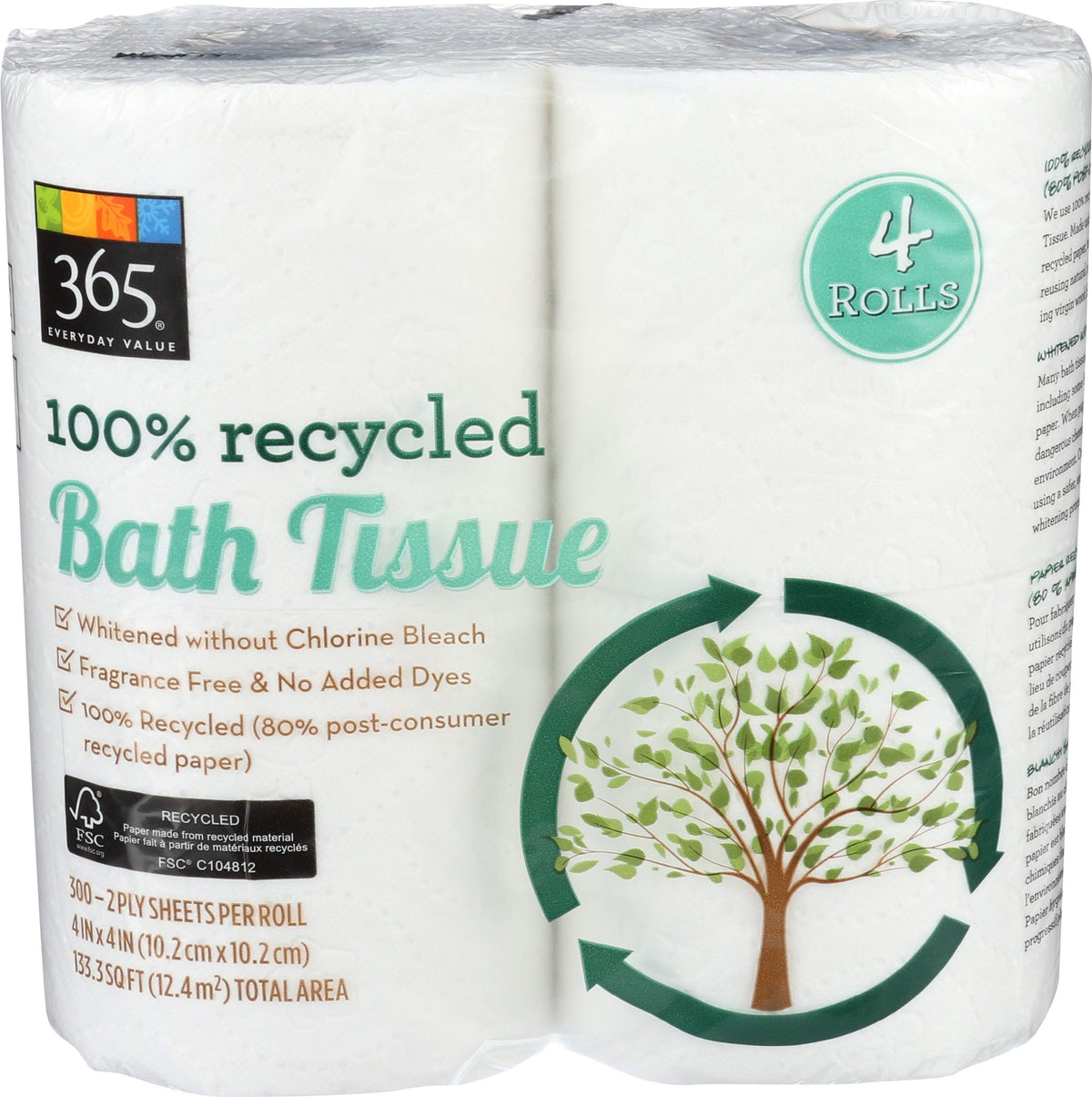 365 Everyday Value, 100% Recycled Bath Tissue, 4 ct