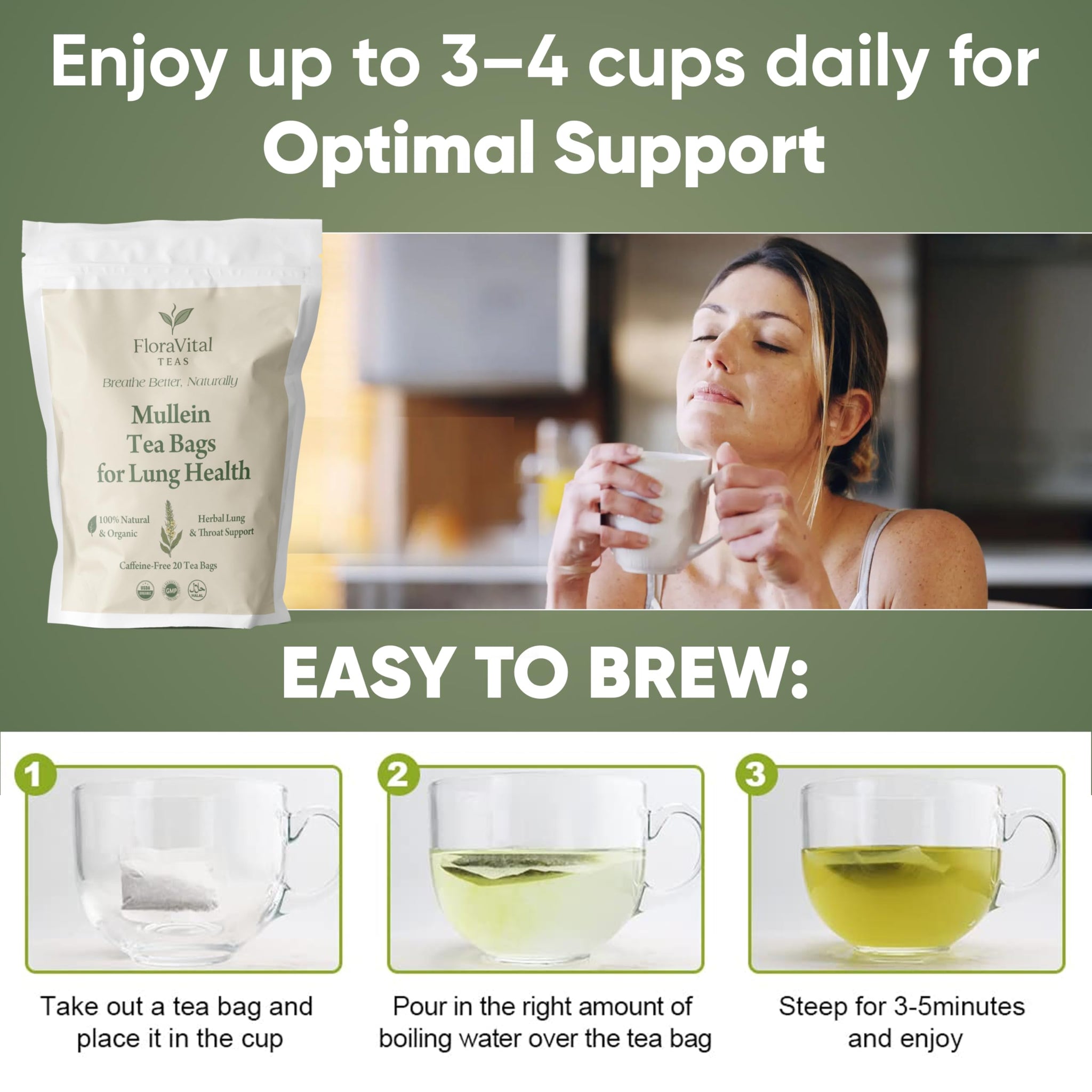 FloraVital Organic Mullein Tea | 100% Pure Mullein Leaf | Lung & Respiratory Support | Caffeine Free | No Fillers | Herbal Tea