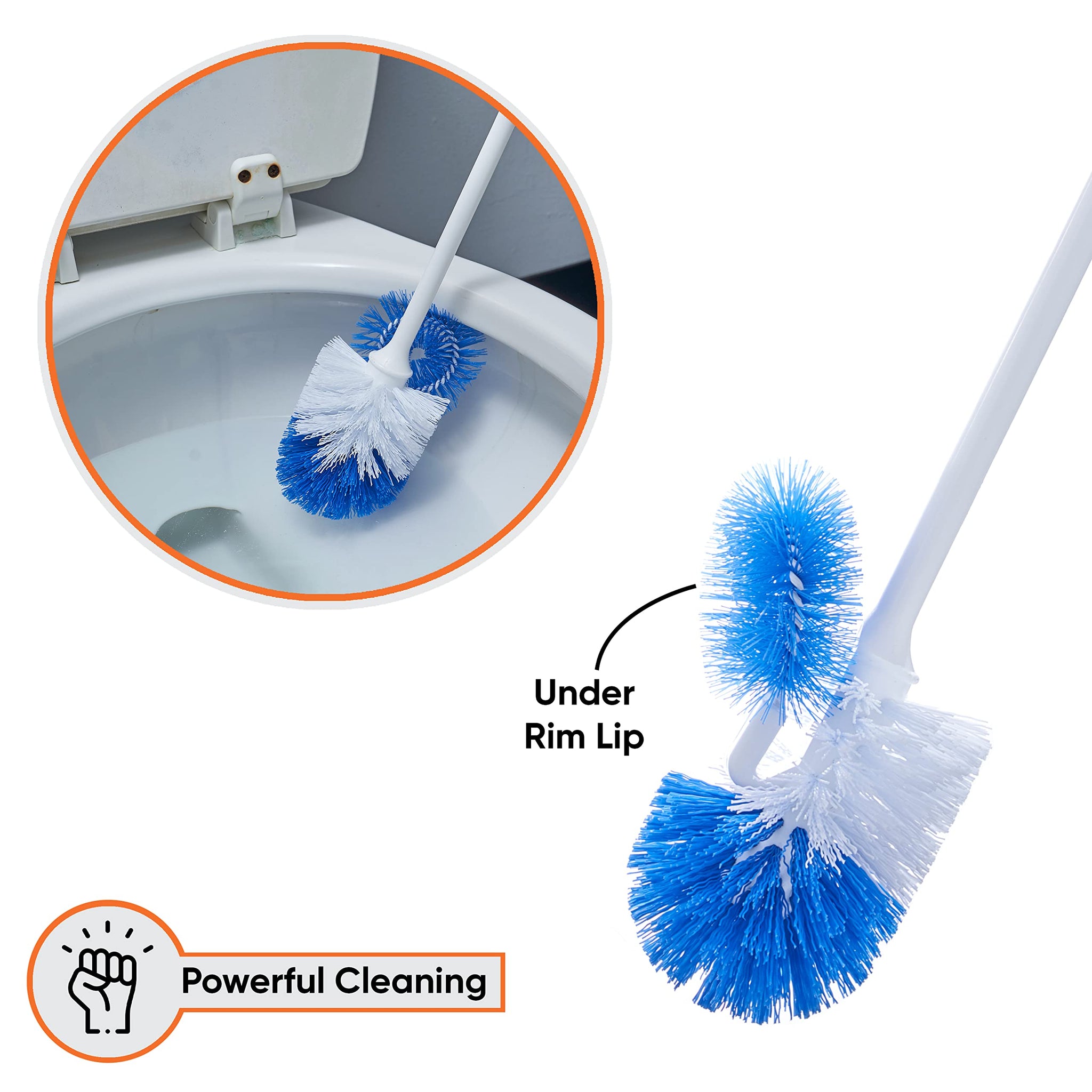 Superio Toilet Brush and Holder,Toilet Bowl Cleaning System with Scrubbing Wand, Under Rim Lip Brush and Storage Caddy for Bathroom, White and Blue