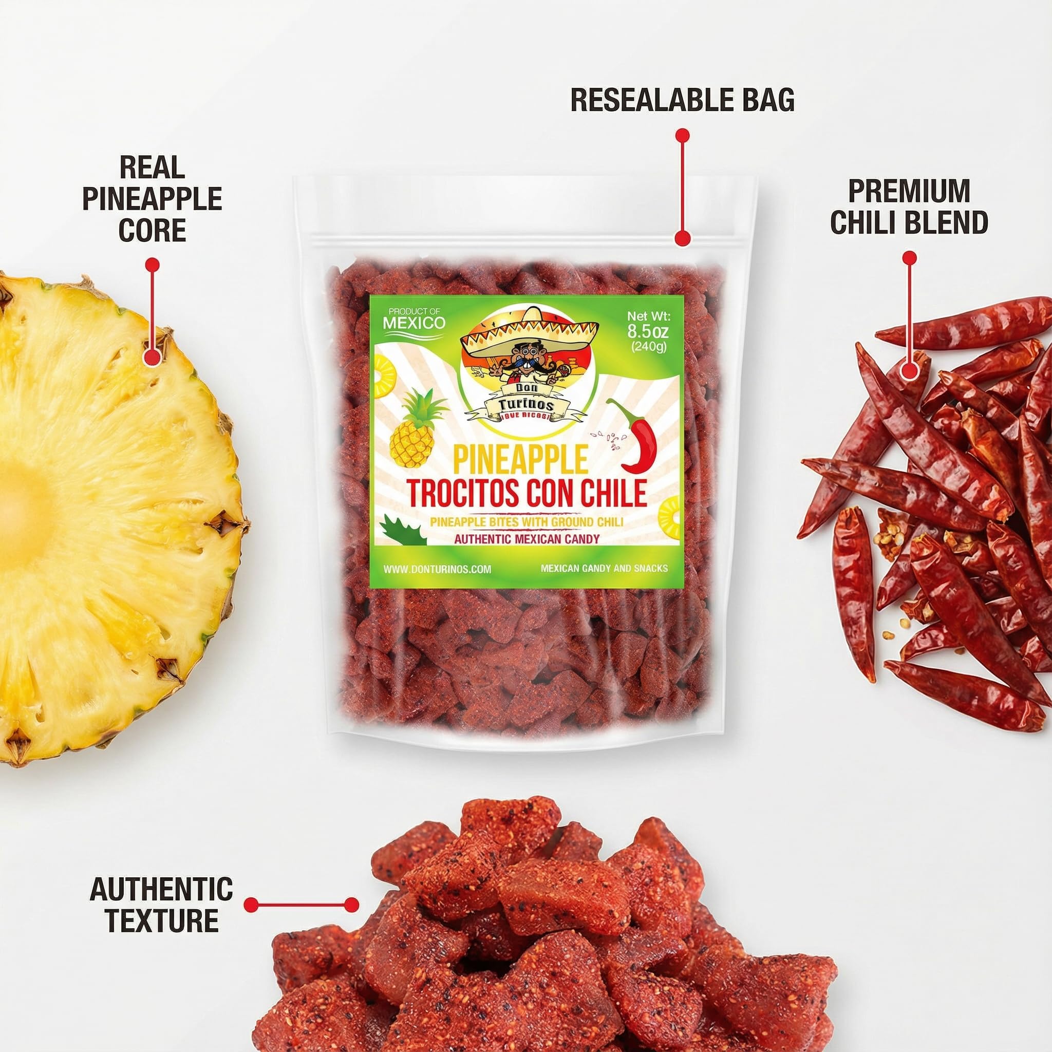 Dried Chili Pineapple Mexican Candy, 8.5 oz, Natural Soft Dry Chunks, Traditional Dulce Mexicano, Sweet and Spicy Flavor, by Don Turinos