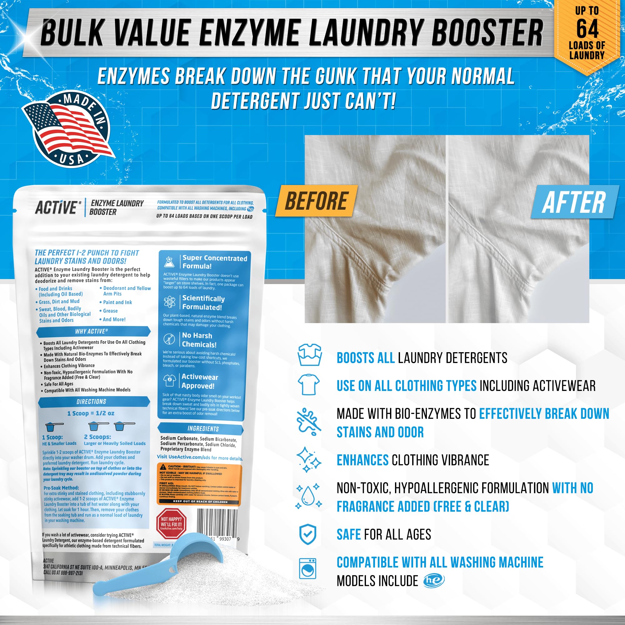 Enzyme Laundry Booster Odor Remover - 2 lbs Unscented Enzymatic Clothes Stain Cleaner Powder, Natural Deodorizer with Bio Active Enzymes, Detergent