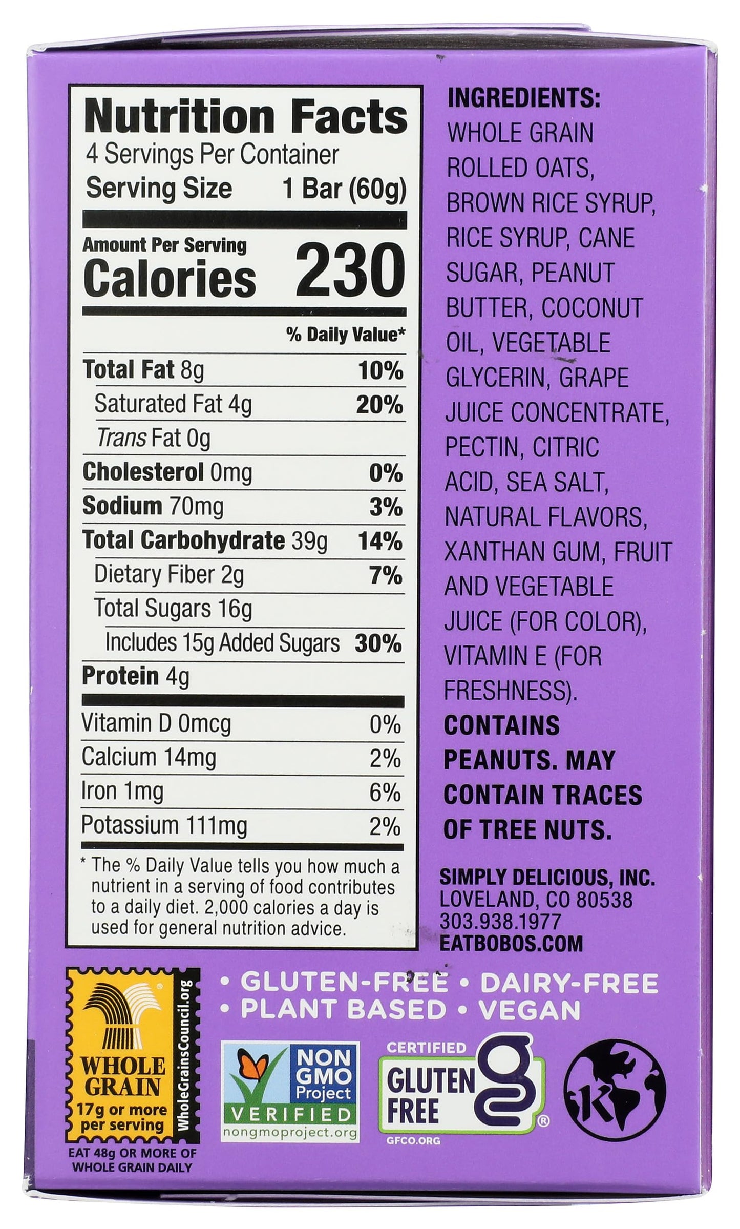 Bobos, Peanut Butter and Jelly Grape Oat Bar, 2.1 Ounce