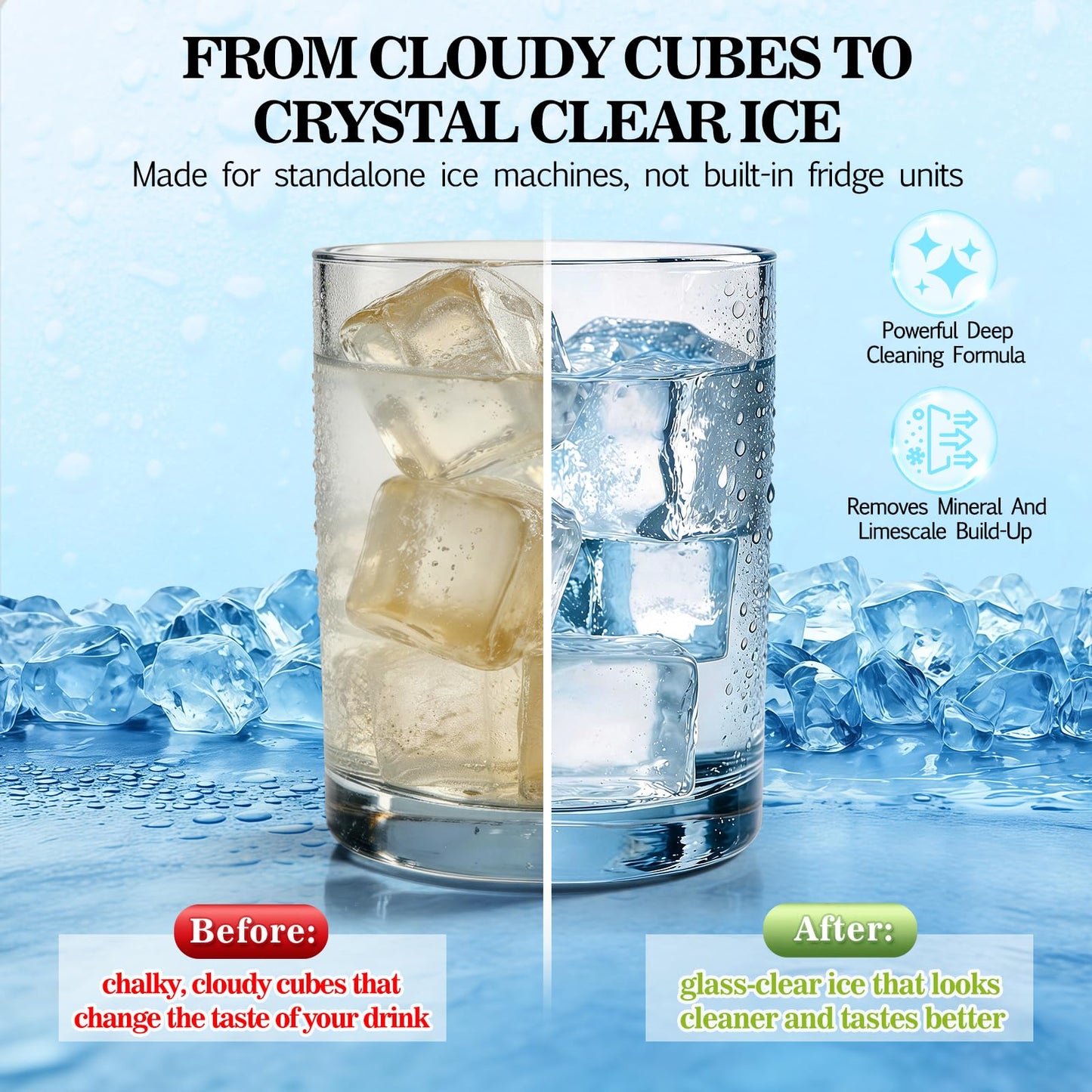 Bellaluce Ice Machine Cleaner Tablets, 32 Effervescent Descaling Tabs, Nickel Safe Cleaner for Countertop, Nugget, Portable & Commercial Ice Makers