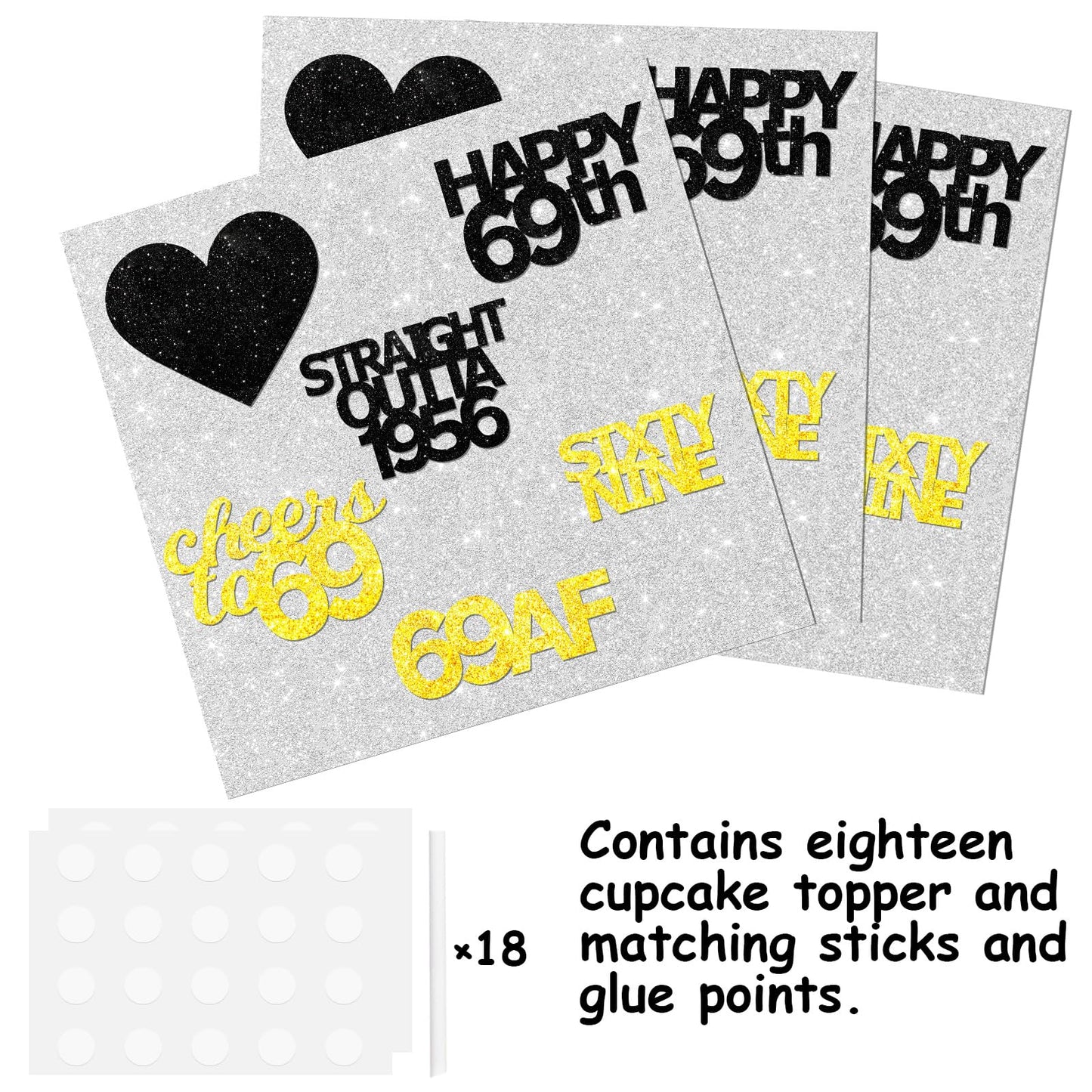 18pcs Black Gold Glitter Dessert Cupcake Pick for Straight Outta 1956 Cheer to 69 Years Old Theme Decor Supplies Happy 69th Birthday Party Decoration