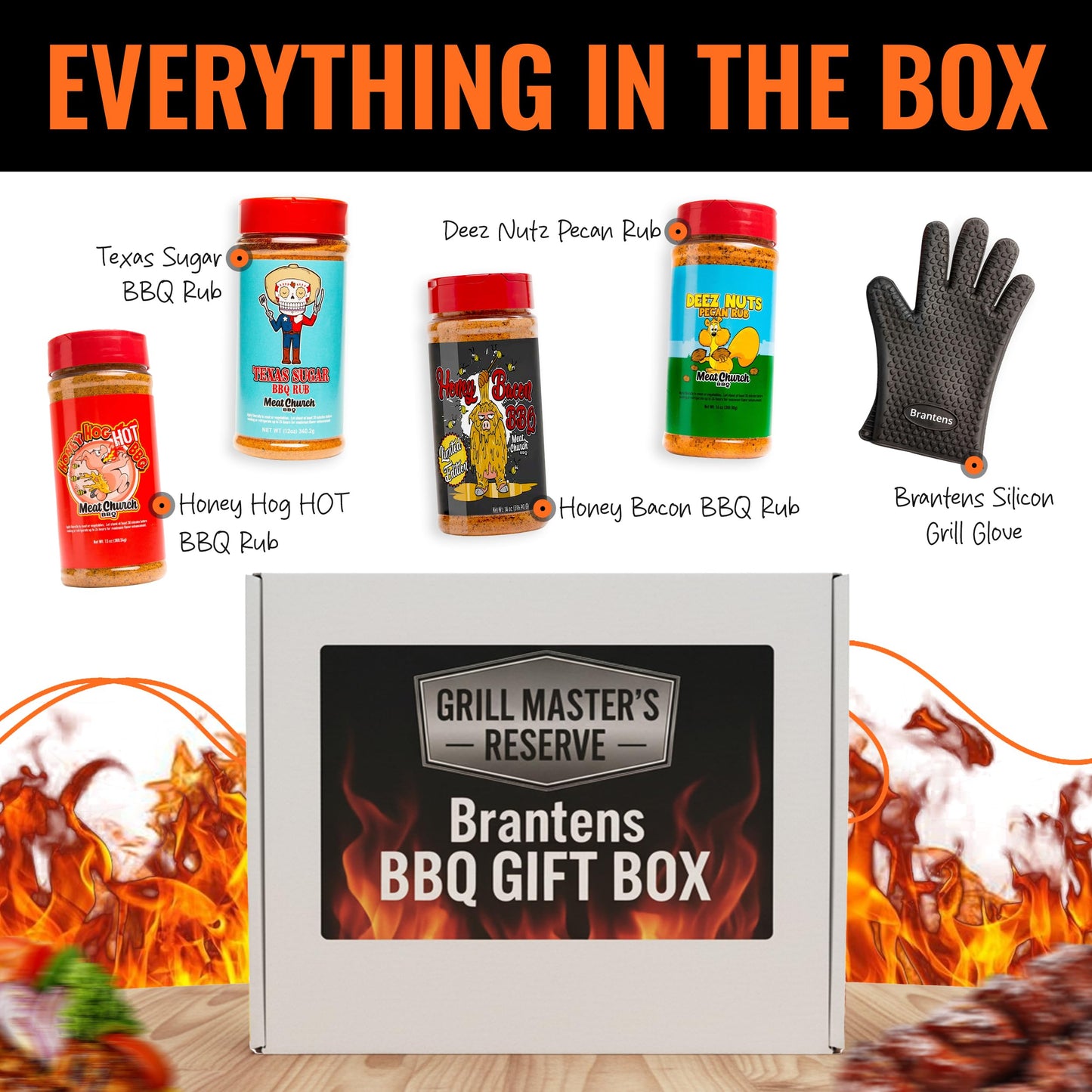 Branten's BBQ Rub Gift Box Combo: Four Bottles of Seasoning for Meat and Vegetables, Gluten Free, Total of 49.5 Ounces, with Silicone Mitt Included