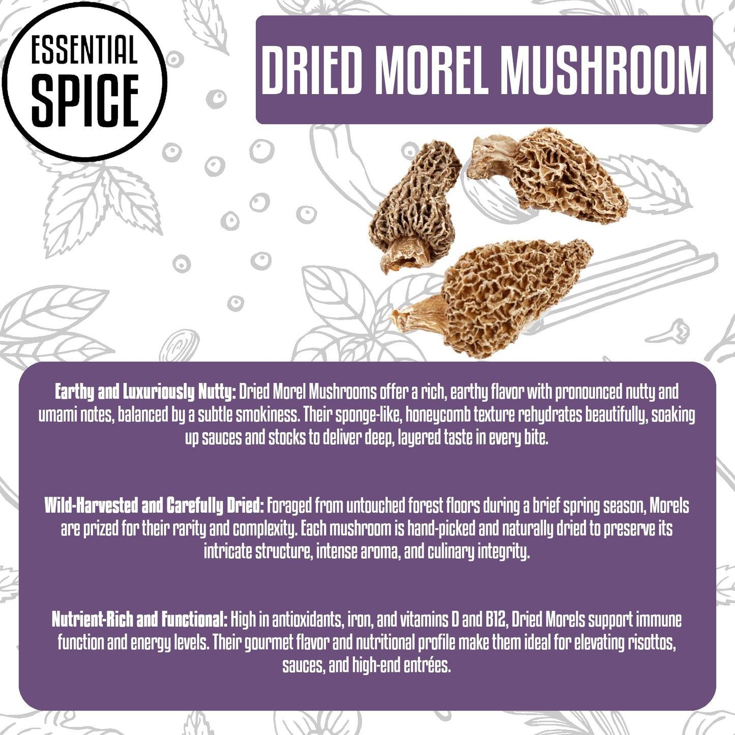 Essential Spice Dried Morel Mushrooms - Whole, Rich Earthy & Nutty Flavor - Gourmet Wild Mushrooms for Sauces, Risottos, Pasta & Steaks - Easy