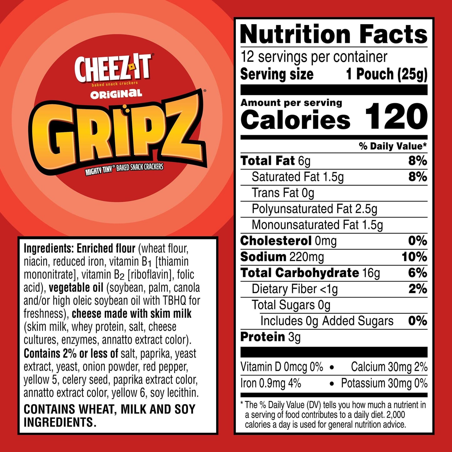 Gripz Mini Cheese Crackers, Kids Snacks, Baked Snack Crackers, Cheez-It Original, 10.8oz Box (12 Pouches)