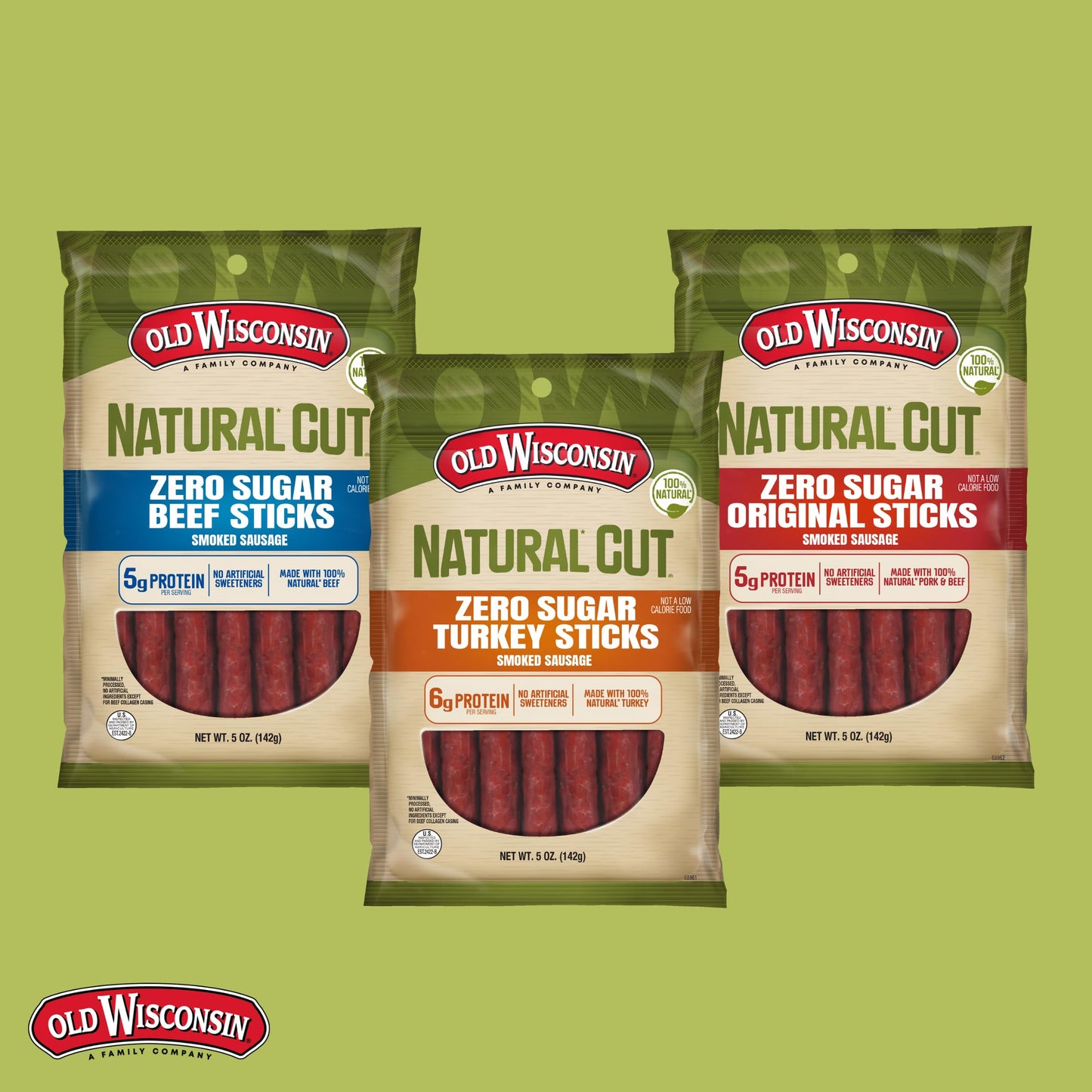 Old Wisconsin Natural Cut Original Sausage Snack Sticks, Zero Sugar, Naturally Smoked, Ready to Eat, High Protein, Low Carb, Keto, Gluten Free, No