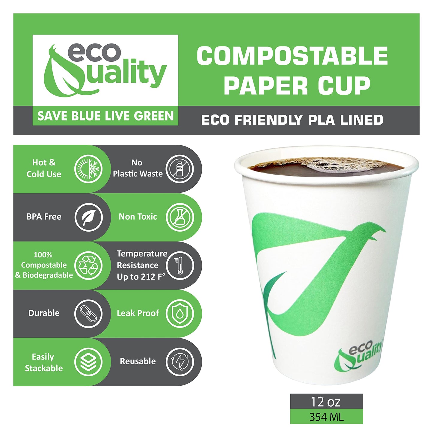 EcoQuality 12 oz Compostable Paper Cups - Biodegradable Disposable White Paper Coffee Cups PLA Lined - Eco-friendly Hot and Cold Drinking Cups