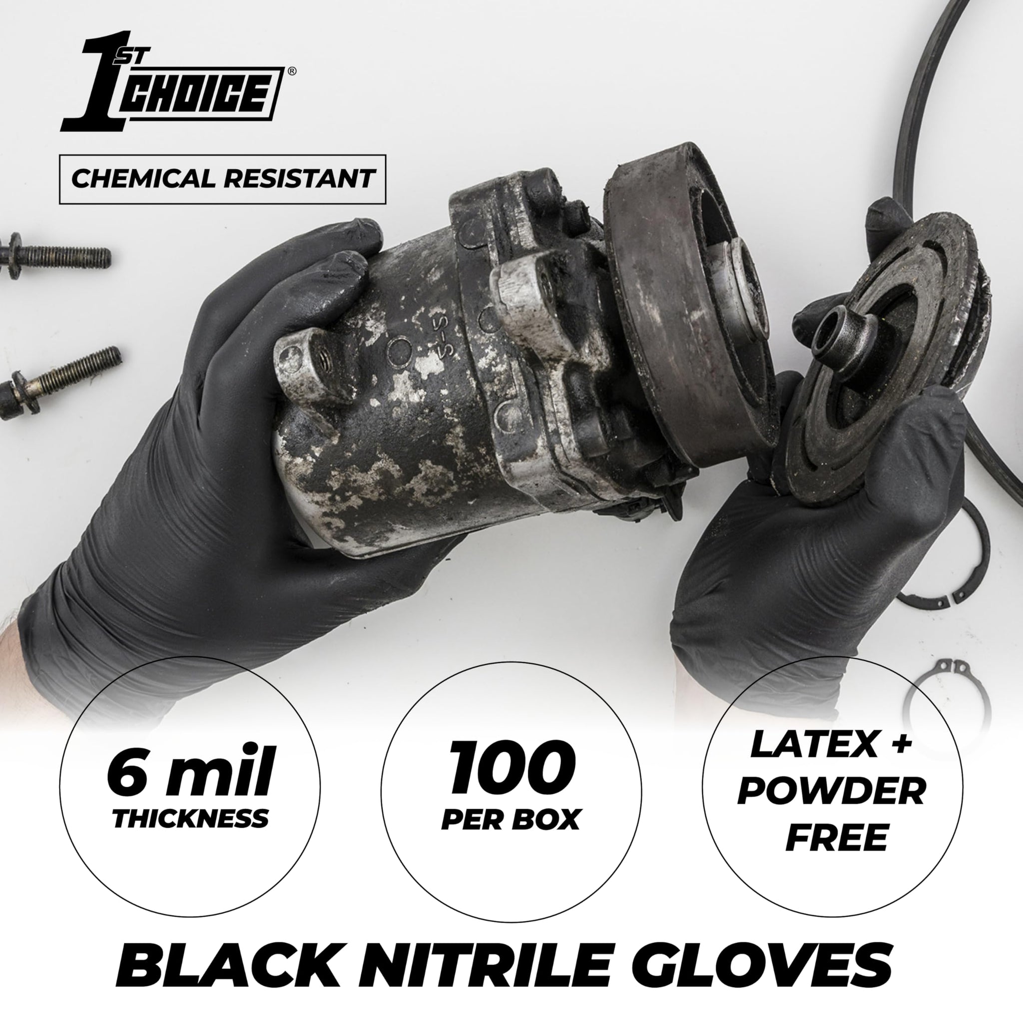 1st Choice Nitrile Gloves, Disposable, Latex-Free, Black, 6 Mil, for Mechanics, Cleaning, Automotive, X-Large, Box of 100