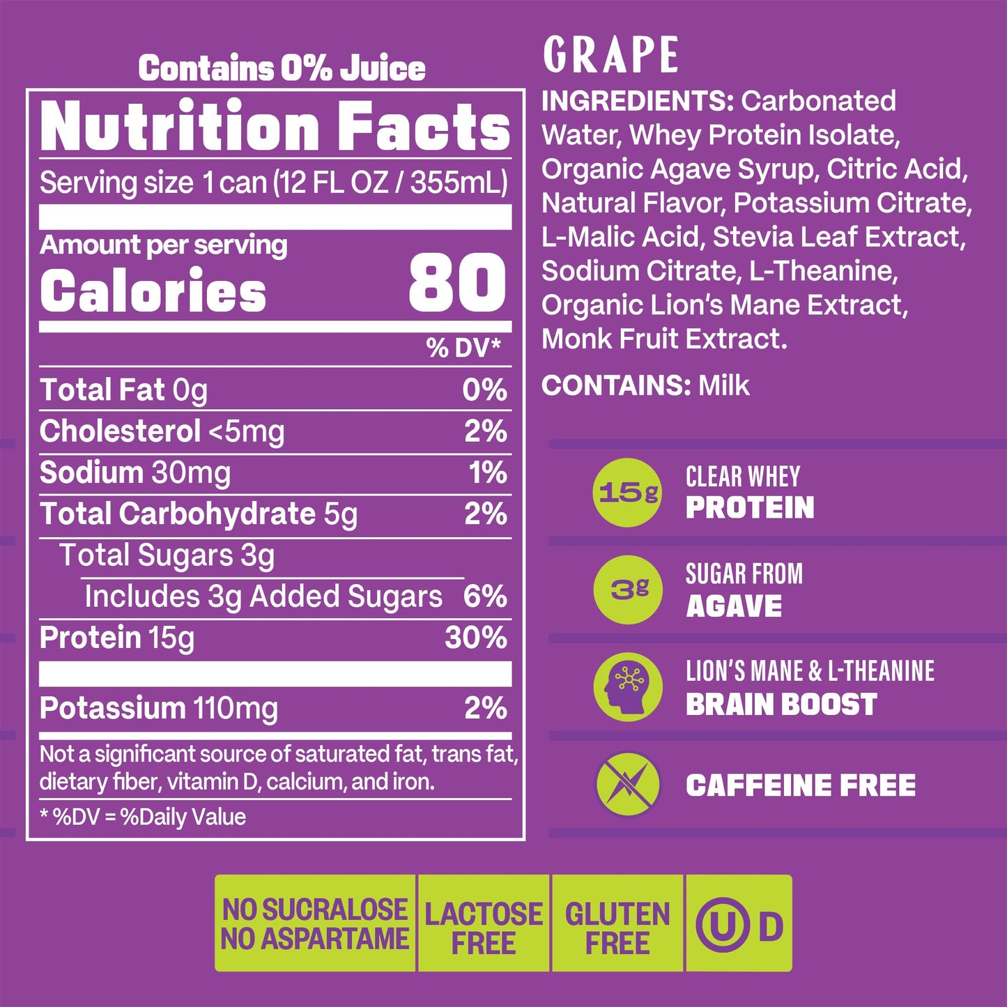 Gym Soda Sparkling Clear Protein Soda, 15g of Clear Whey Protein, Lion’s Mane, L Theanine, Low Sugar, Naturally Sweetened, Lightly Carbonated