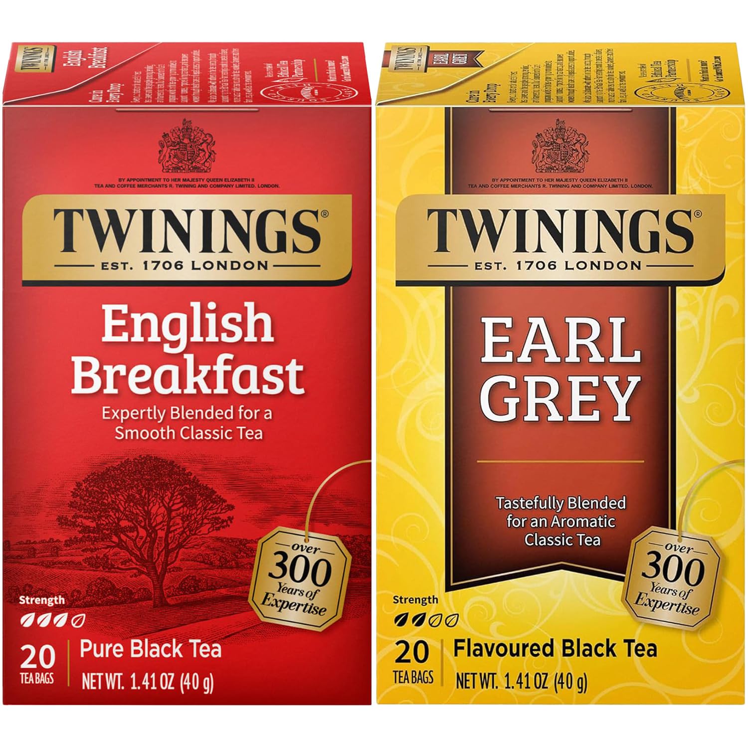 Twinings Tea Variety 2-Pack - English Breakfast + Earl Grey, Caffeinated Black Tea Bags, Individually Wrapped, 20 Count Each