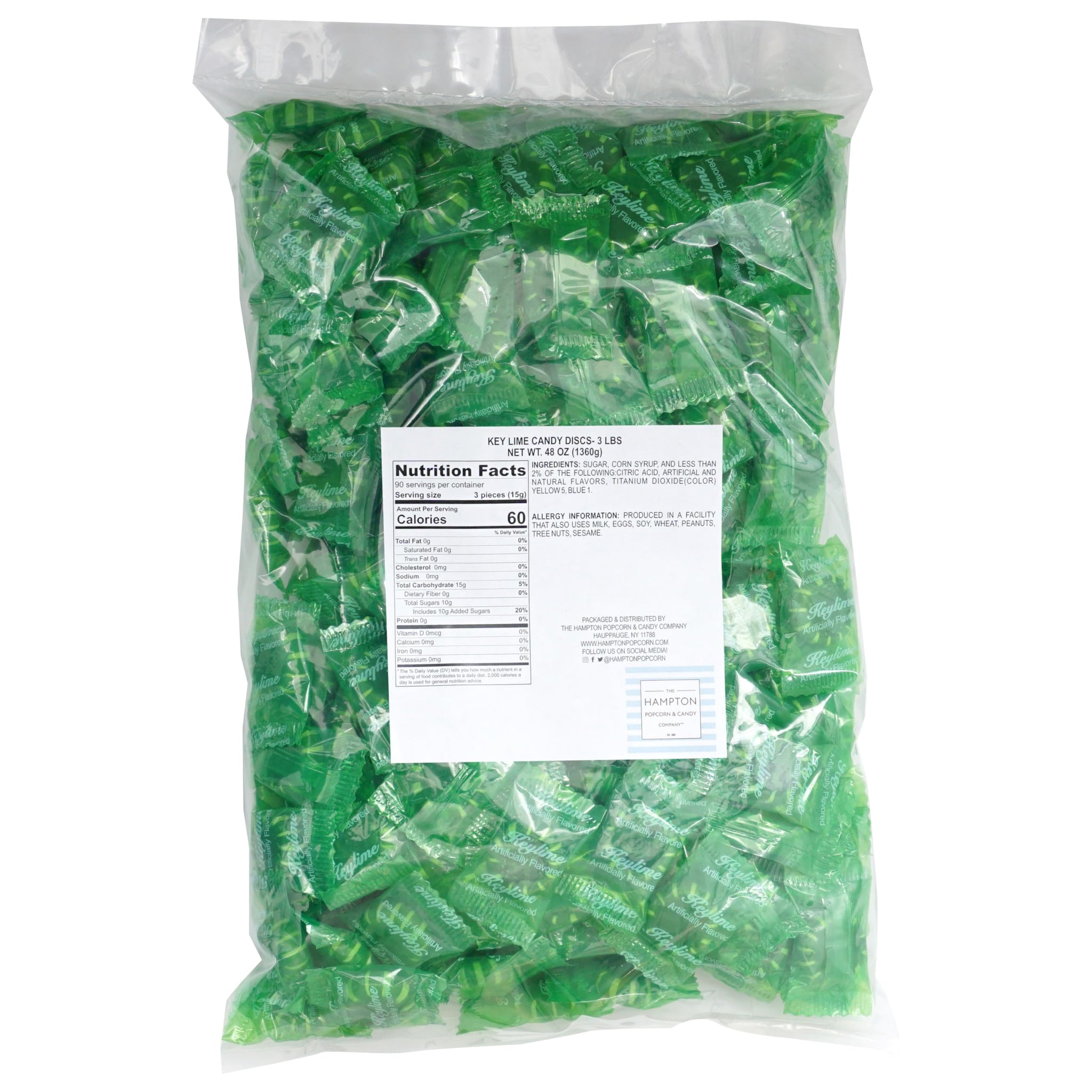 Key Lime Discs Hard Candy, 3 Pound Bulk Candy (Approx. 225 pcs.), Individually Wrapped Keylime Candy, The Hampton Popcorn & Candy Company