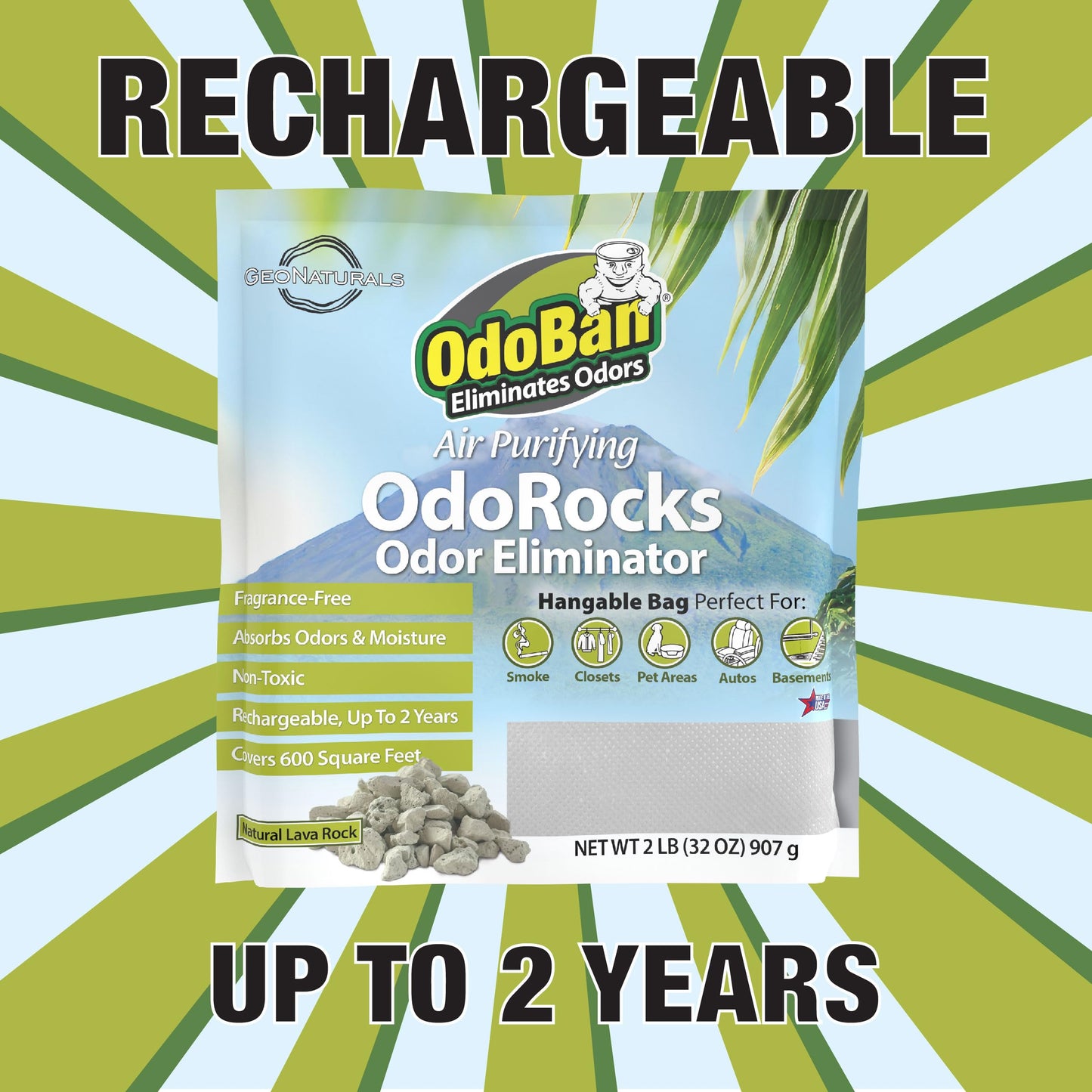 OdoBan Air Purifying OdoRocks Natural Odor Eliminator Made from Natural Volcanic Rocks, Made in the USA, Fragrance Free, 2 Pound Bag