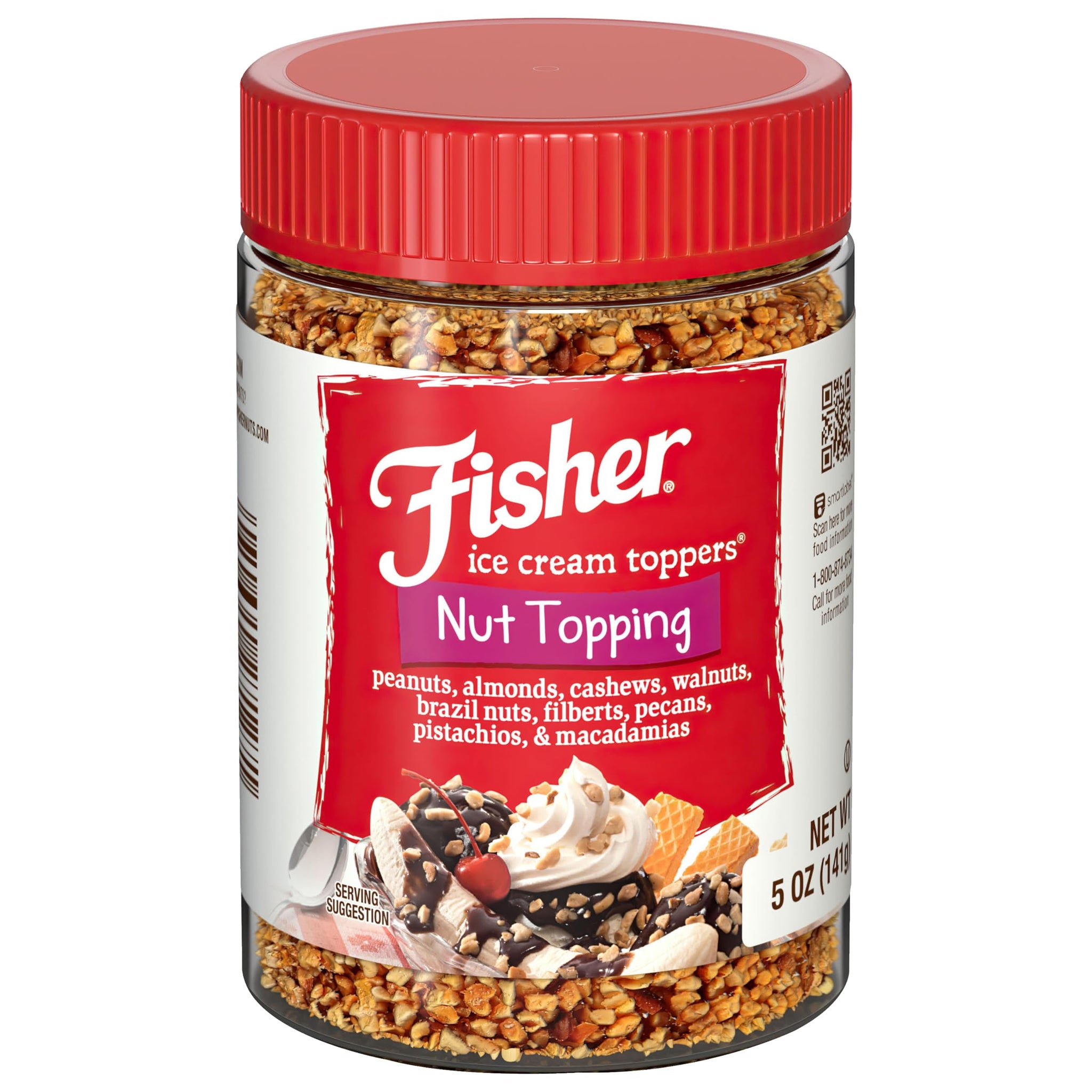 Fisher Mixed Nuts Ice Cream Topping, 5 oz, Peanuts, Almonds, Cashews, Walnuts, Brazil Nuts, Filberts, Pecans, Pistachios & Macadamias, Gluten-Free, No