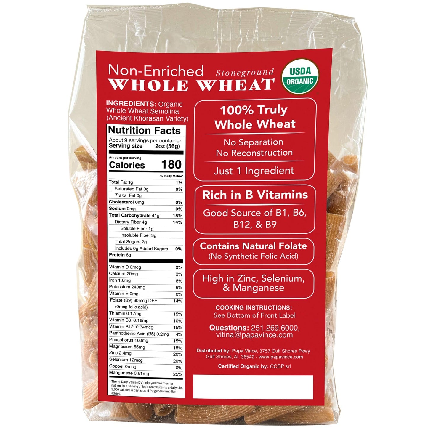 Papa Vince Organic Whole Wheat Non Enriched Rigatoni: Low Gluten Italian Pasta made in Italy from Organic Non GMO Khorasan Ancient Grain grown in