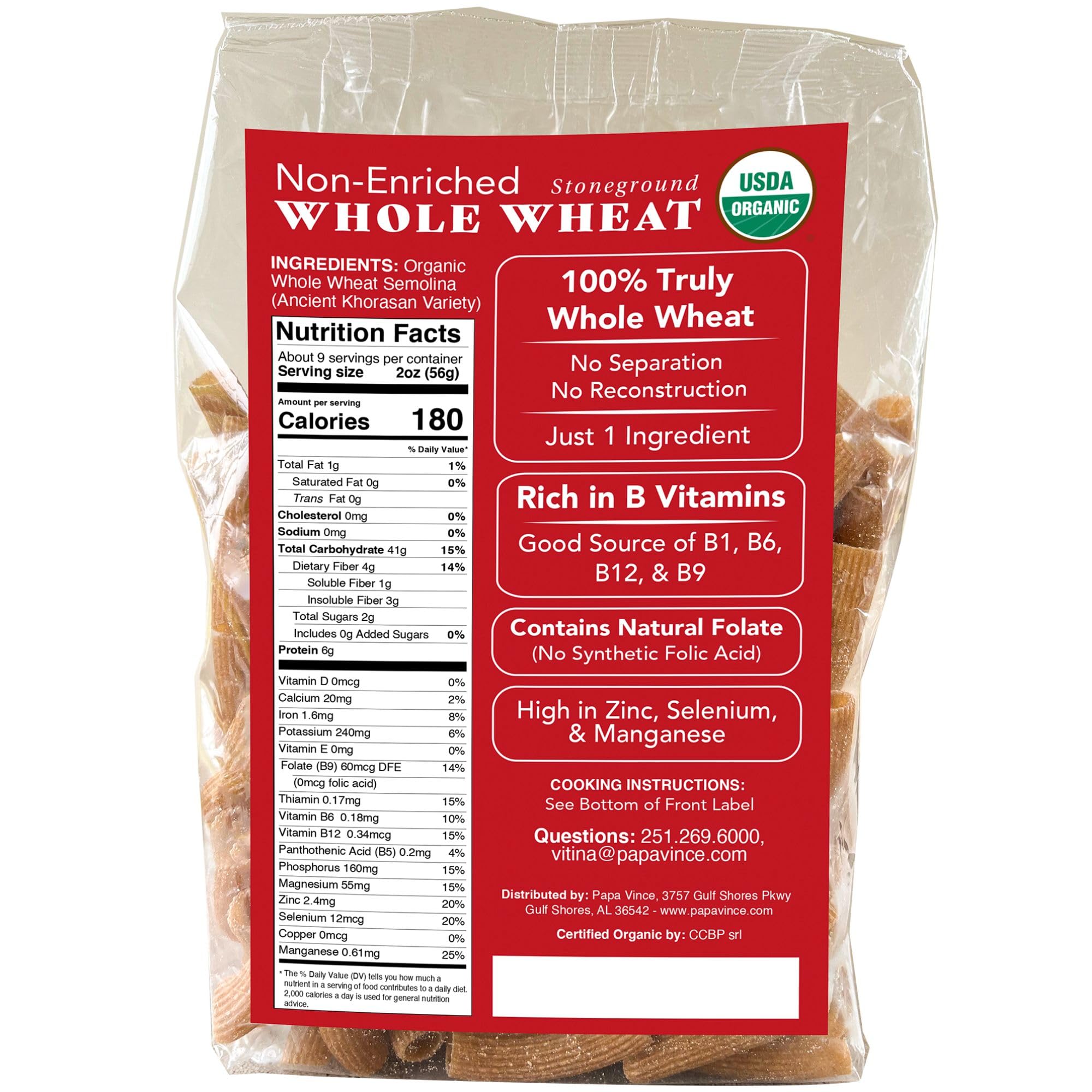 Papa Vince Organic Whole Wheat Non Enriched Rigatoni: Low Gluten Italian Pasta made in Italy from Organic Non GMO Khorasan Ancient Grain grown in