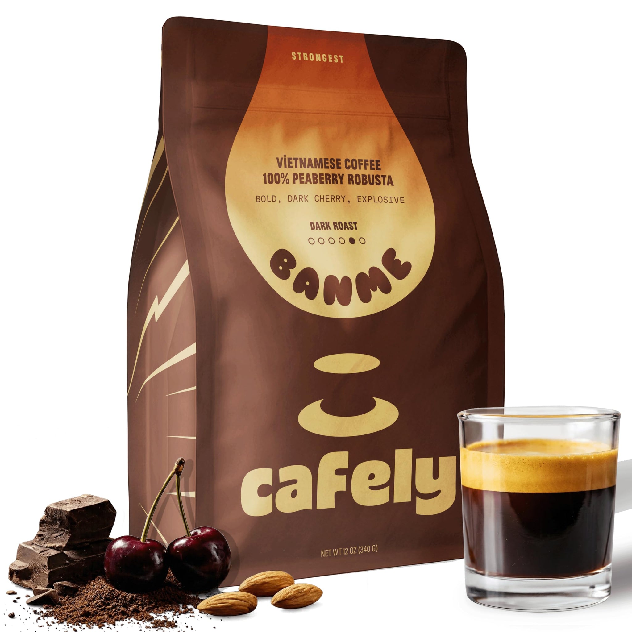 Cafely BanMe - Rare Peaberry Robusta Ground Vietnamese Coffee - Dark Roast, High Caffeine (Rich & Intense), Full Body, Low Acid, Single Origin, Direct