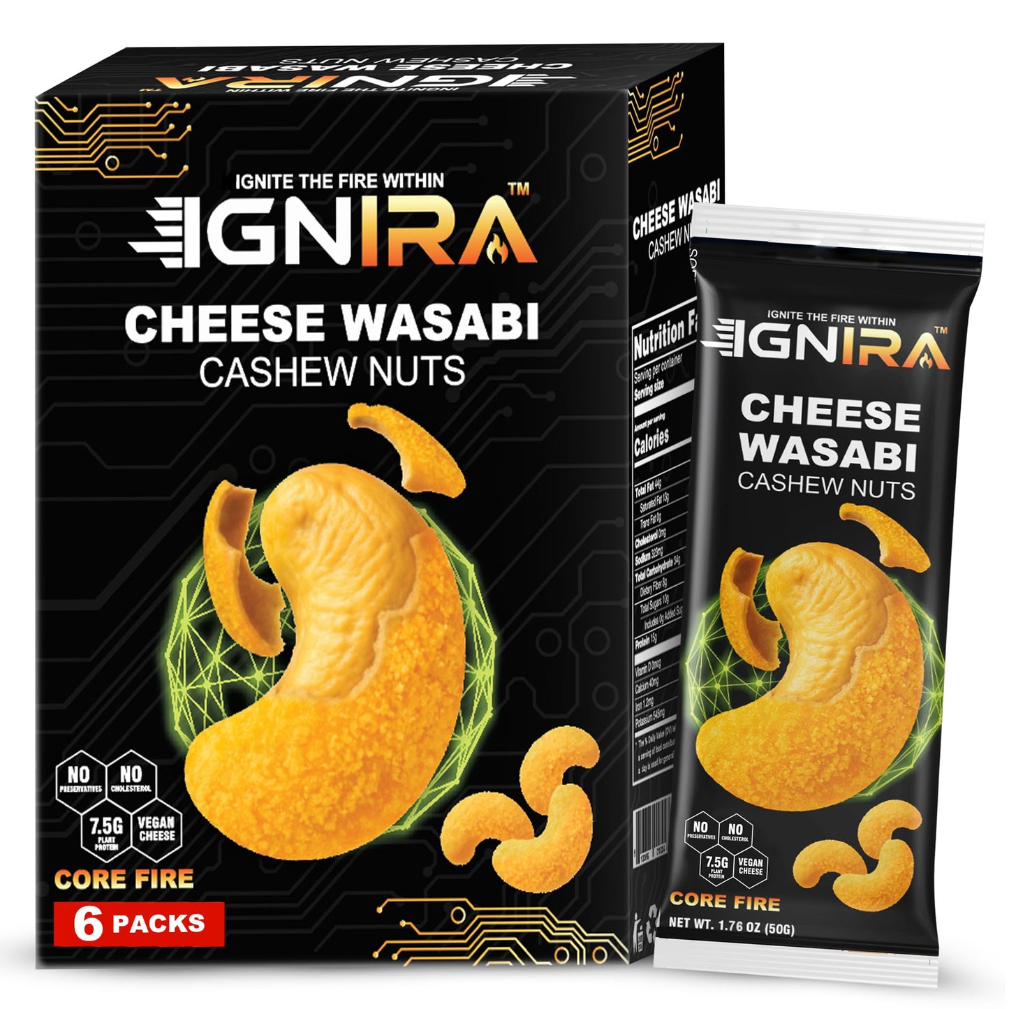 IGNIRA Cheese Wasabi Cashew Nuts - Crunchy Roasted Cashew Nuts, Nutrient-Rich Protein-Powered Snack, Flavored Cashews, No Cholesterol, No