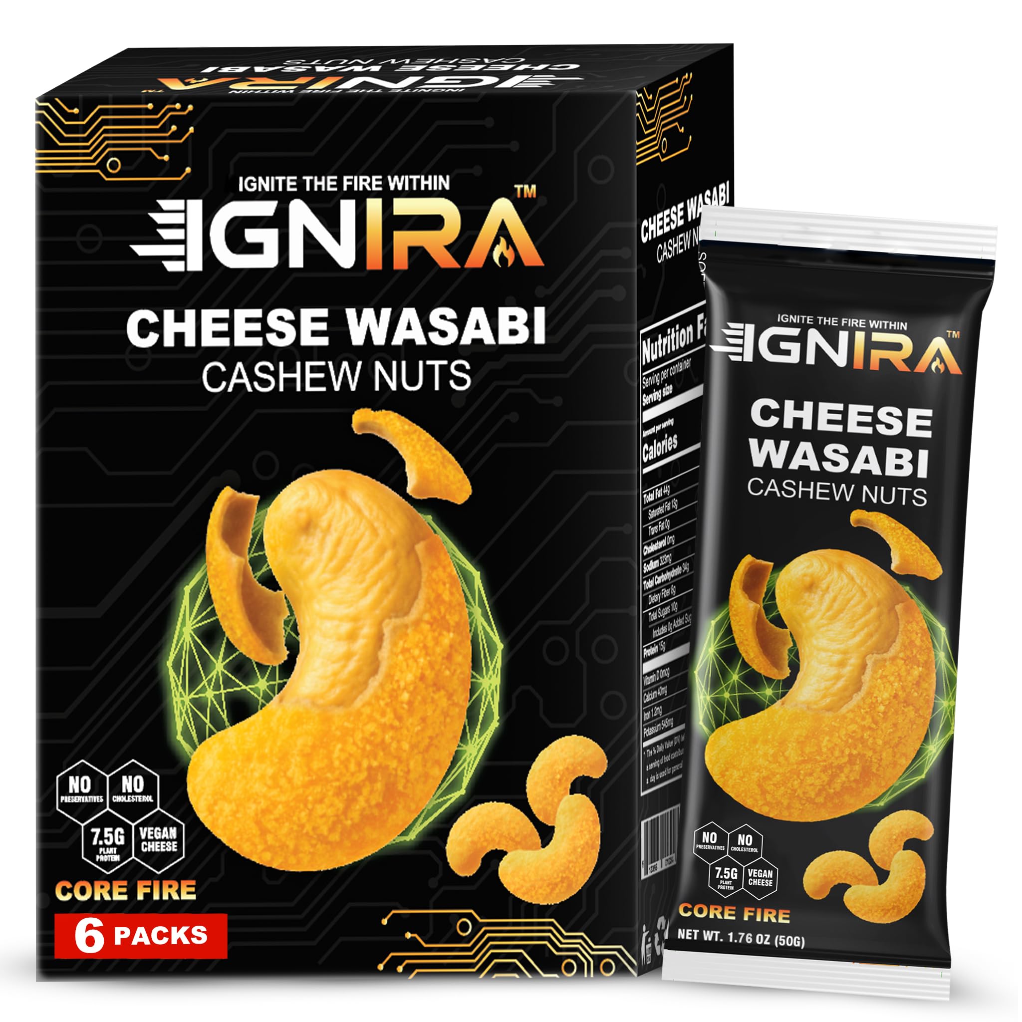 IGNIRA Cheese Wasabi Cashew Nuts - Crunchy Roasted Cashew Nuts, Nutrient-Rich Protein-Powered Snack, Flavored Cashews, No Cholesterol, No