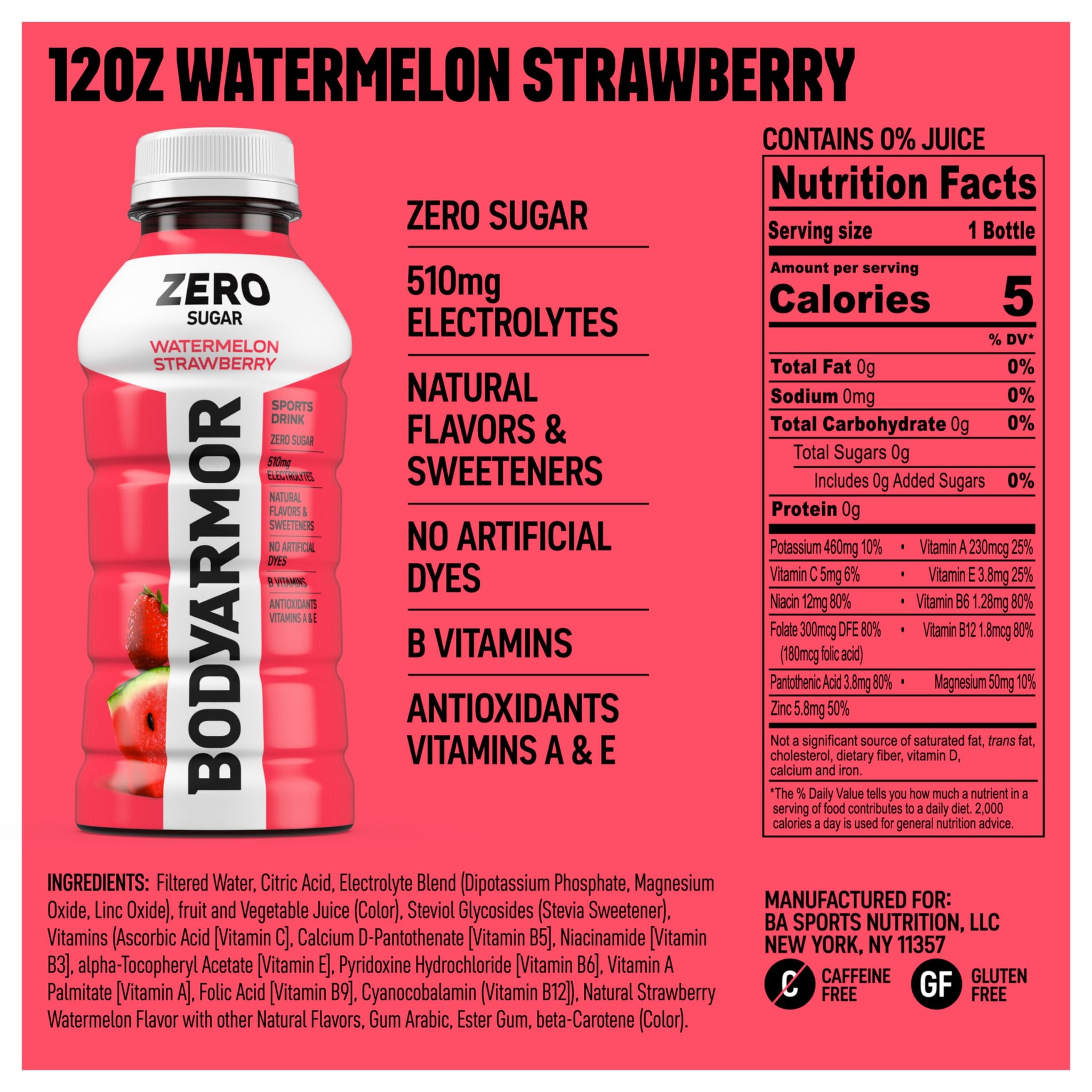 BODYARMOR ZERO Sugar Watermelon Strawberry Electrolyte Drink, Natural Flavors, 12 Fl Oz Bottles (8 Pack), B Vitamins & Antioxidants Sugar Free