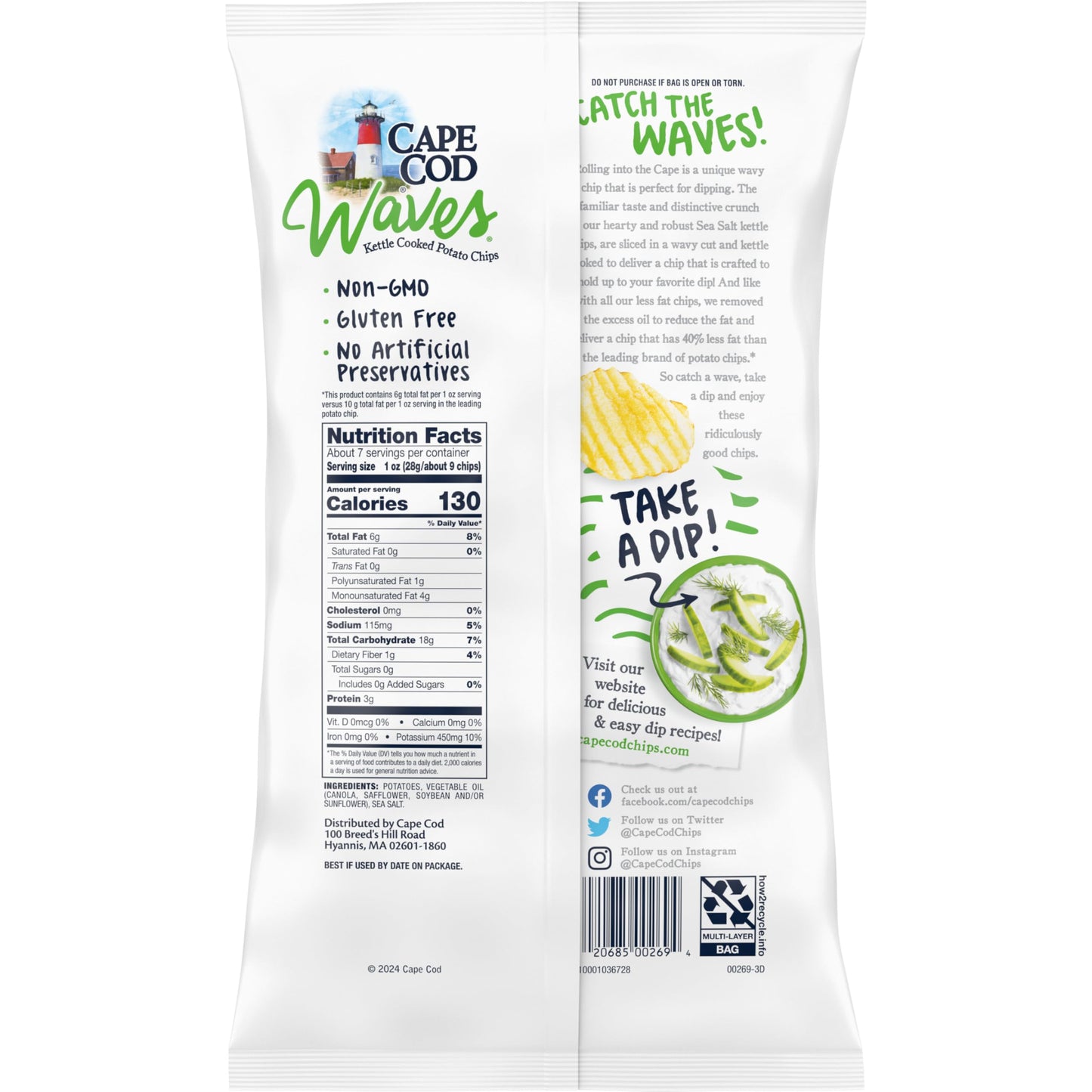Cape Cod Less Fat Sea Salt Chips, 7.5 Oz Bag