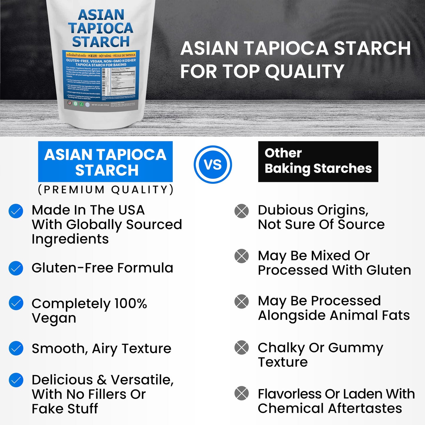 Tapioca Flour for Baking - Tapioca Starch Powder 2.5 lb Resealable Poly Bag - Non-GMO, Gluten Free, Vegan, Kosher, Plant Based, Cooking & Boba Pearls