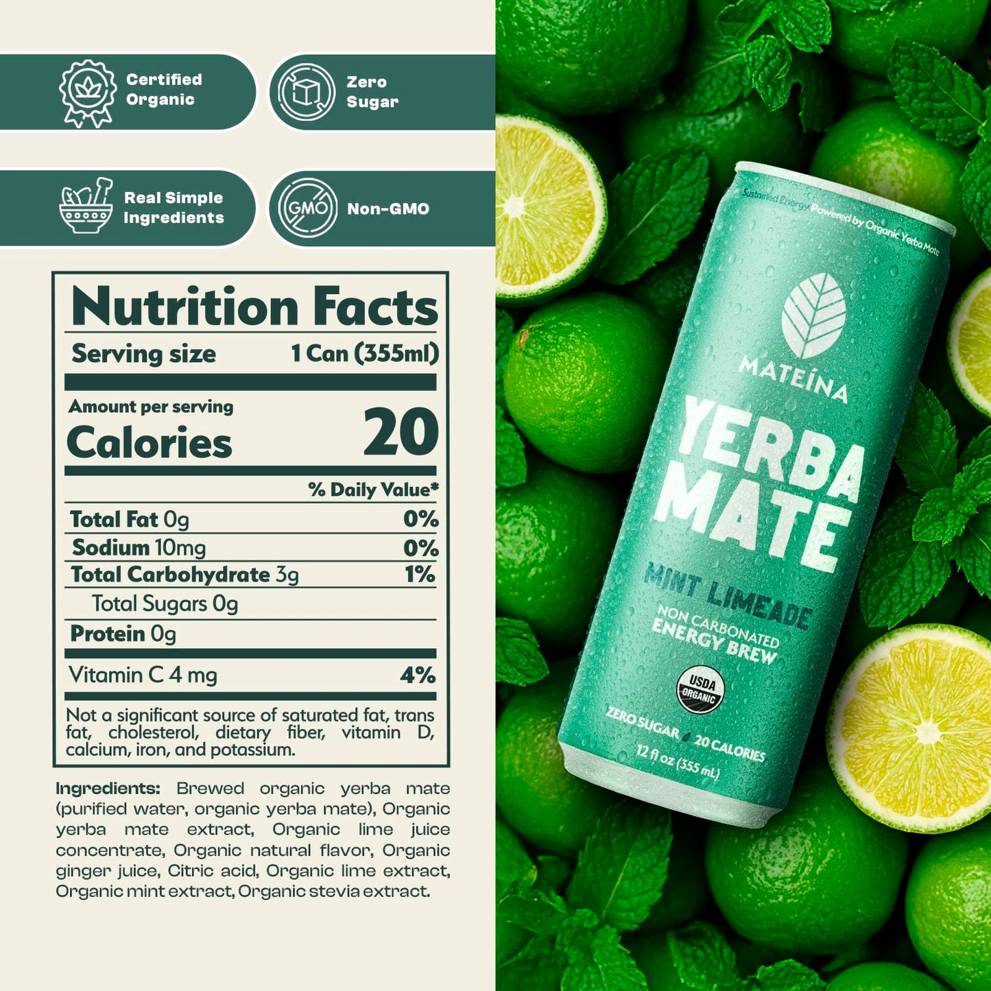 Mateina Yerba Mate Zero Sugar Energy Drink - 120mg Natural Caffeine - Organic, Non-GMO, Non-Carbonated - Dr. Andrew Huberman Recommended - (12 fl oz