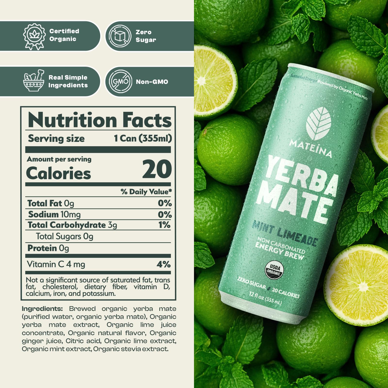 Mateina Yerba Mate Zero Sugar Energy Drink - 120mg Natural Caffeine - Organic, Non-GMO, Non-Carbonated - Dr. Andrew Huberman Recommended - (12 fl oz
