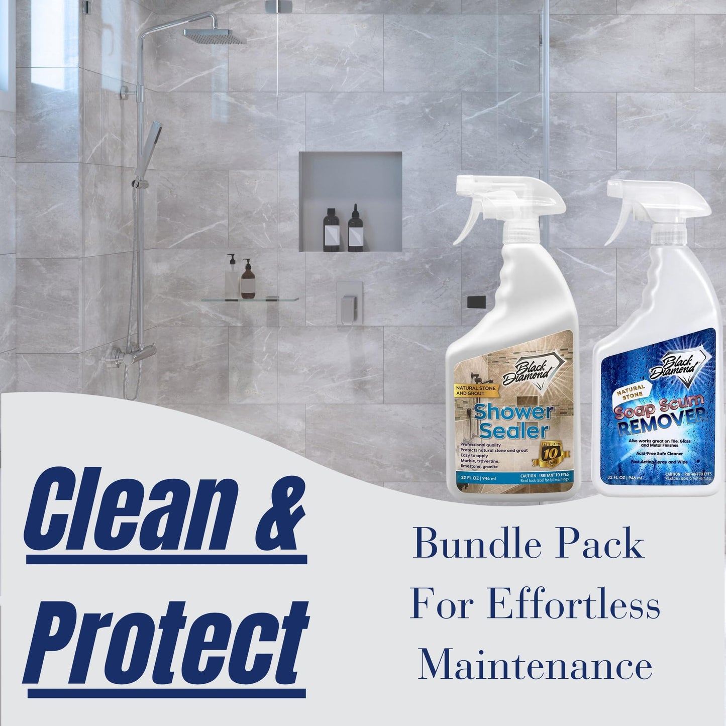 Black Diamond Stoneworks Natural Stone Shower Soap Scum Remover Spray. For Cleaning Bathtubs, Glass Doors, Tubs, Travertine, Marble, Tile. Heavy Duty