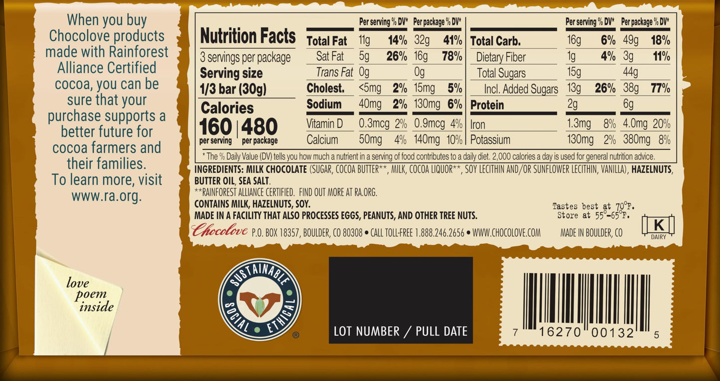 Chocolove, Bar Milk Chocolate Hazelnuts, 3.2 Ounce