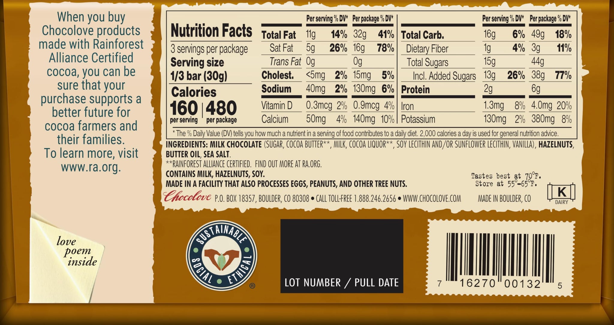 Chocolove, Bar Milk Chocolate Hazelnuts, 3.2 Ounce