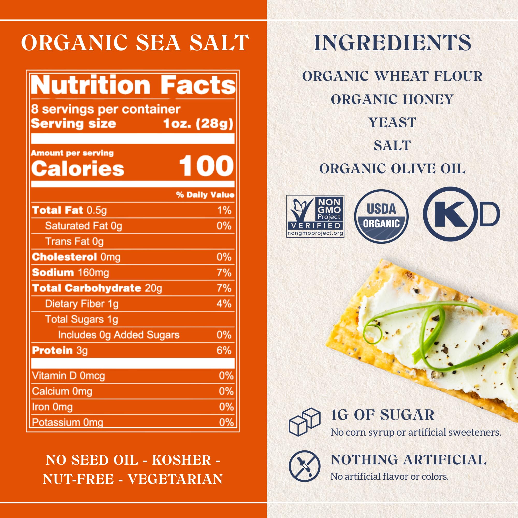 Firehook Sea Salt Crackers - Artisan Baked, Uniquely Crunchy, Baked with Simple Ingredients - Organic, Non-GMO, Kosher - 8 oz Box