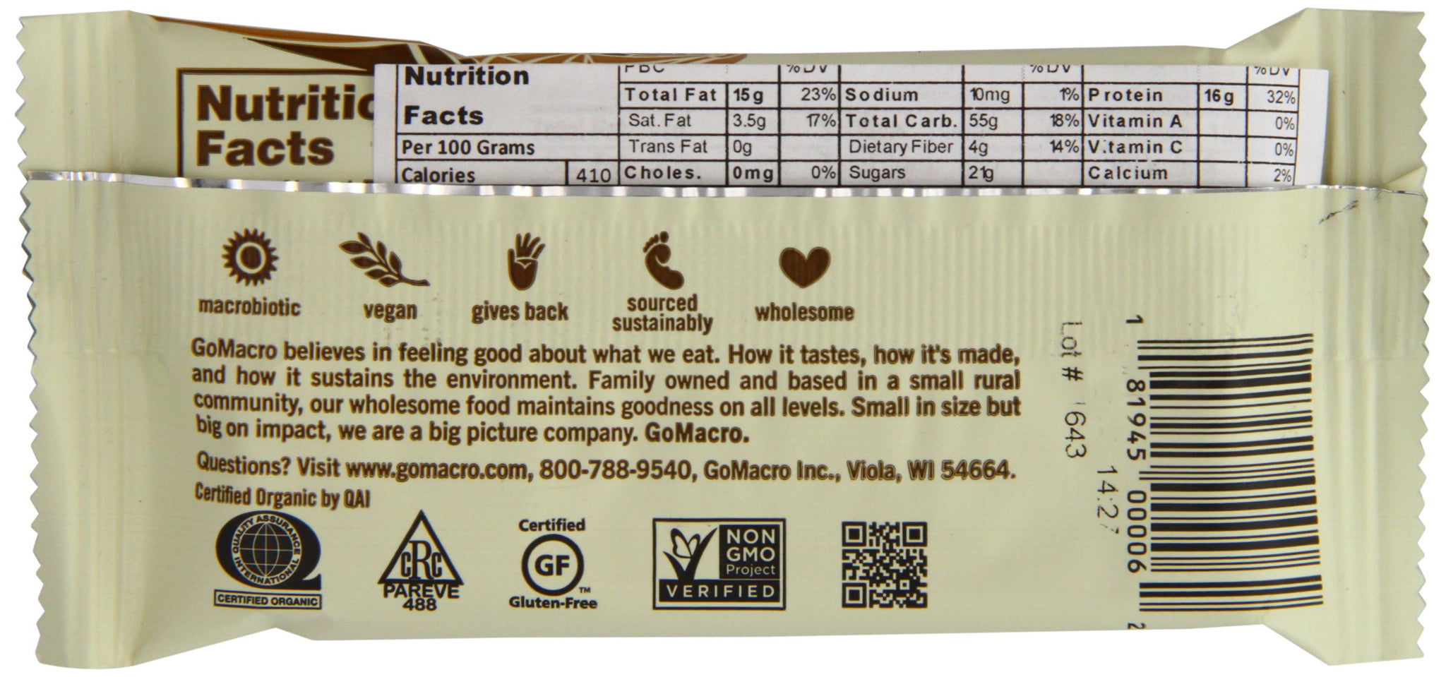 GoMacro MacroBar Organic Peanut Butter Chocolate Chip, 2.5 Ounce (Pack of 15)