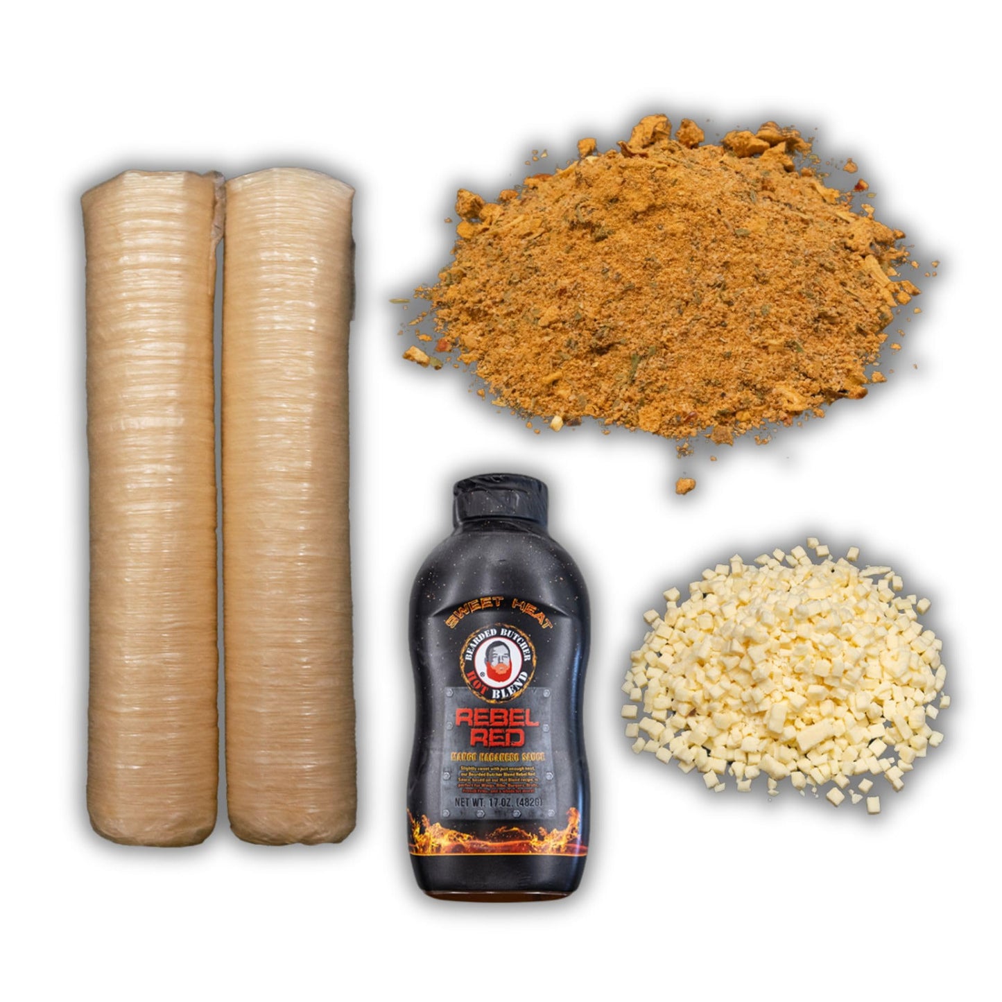 Bearded Butchers Macho Nacho Bratwurst DIY Kit - Make Flavorful Spicy & Cheesy Brats at Home - Includes Nacho Supreme Seasoning, Rebel Red Sauce