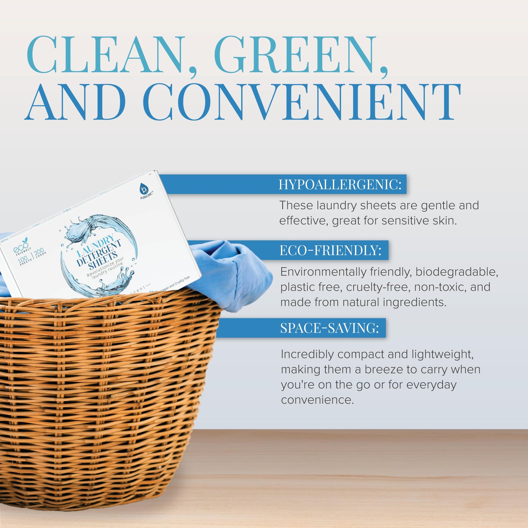 Pursonic Eco Laundry Detergent Sheets - 30 Sheet (60 Loads) Natural Zero Plastic Laundry Sheets with Powerful Cleaning Power - Travel Essentials