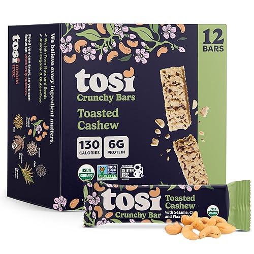 Tosi Nut Bars, Cashew, Healthy Snacks for Adults & Kids, Plant Based Crunchy Bars (6G Protein), Organic Keto Snacks, Vegan, Gluten & Soy Free, Low
