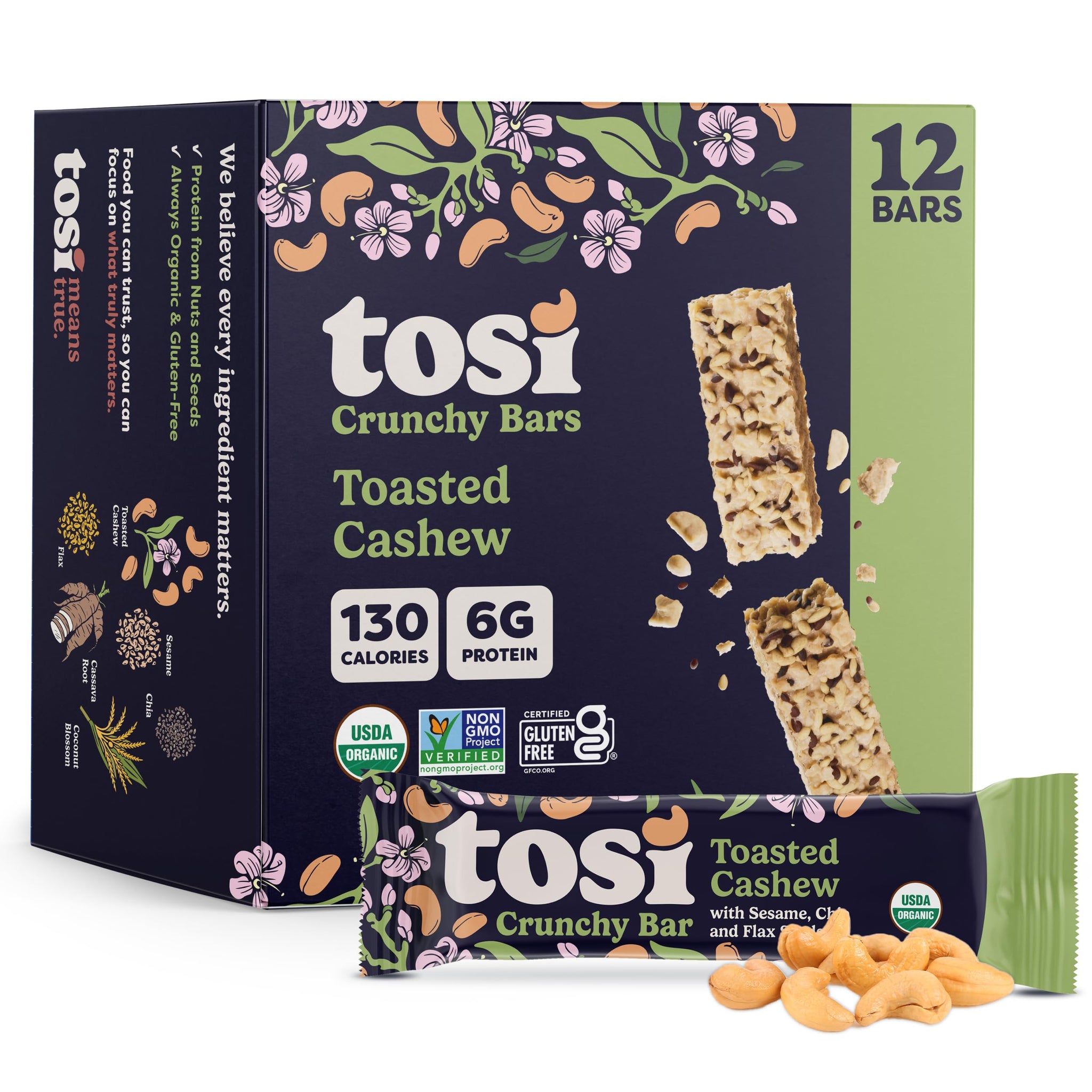 Tosi Nut Bars, Cashew, Healthy Snacks for Adults & Kids, Plant Based Crunchy Bars (6G Protein), Organic Keto Snacks, Vegan, Gluten & Soy Free, Low