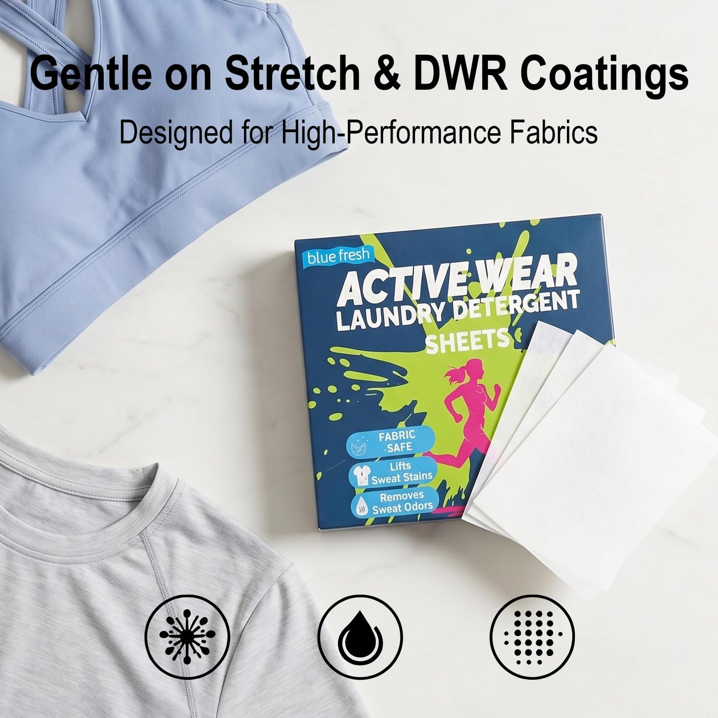 blue fresh Activewear Laundry Detergent Sheets - Gardenia Scent Sports Detergent Sheets for Sweat & Workout Clothes, Lipase Washer Sheets for Sport