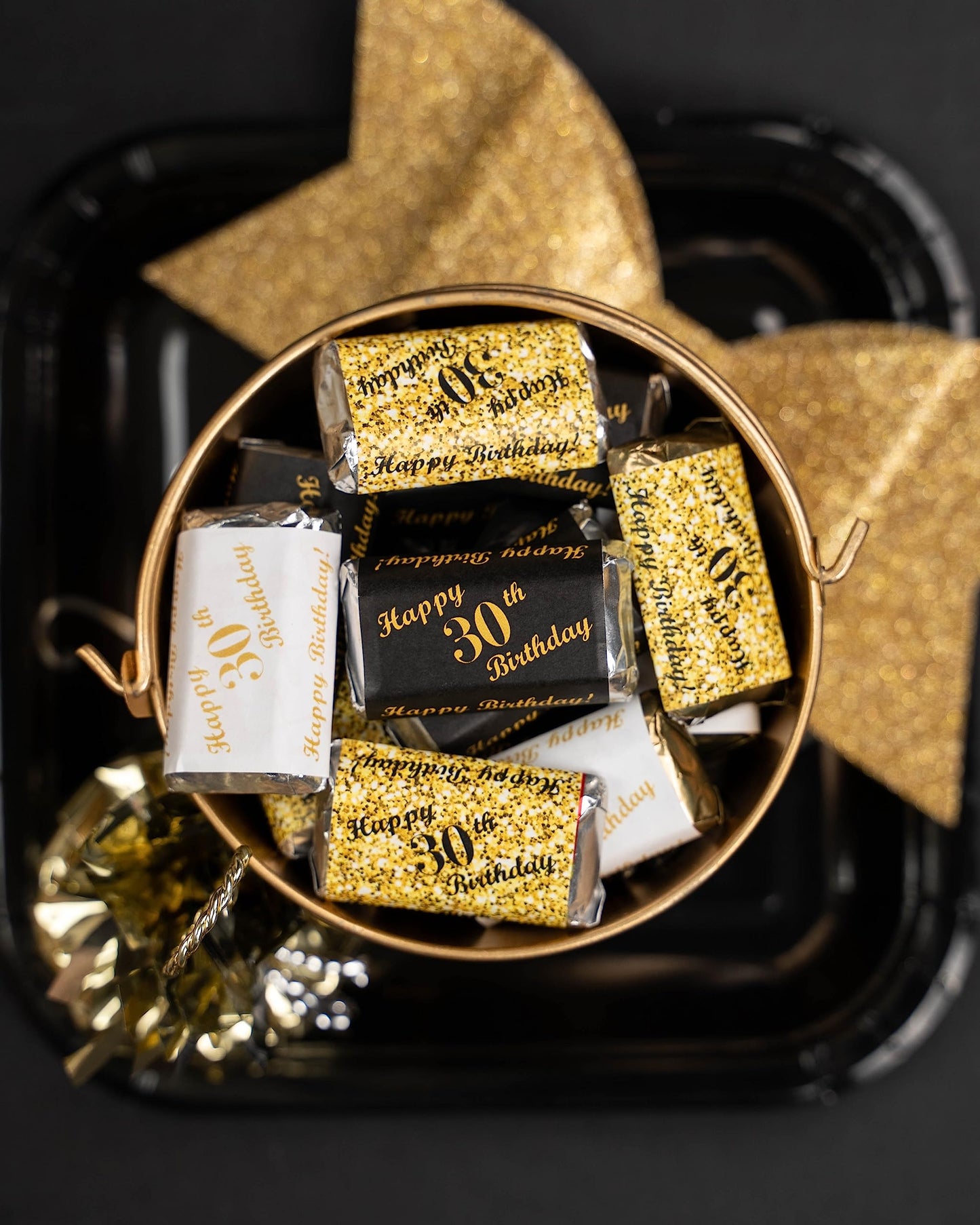 30th Birthday Miniatures Candy Bar Wrapper, (Set of 60) Mini Candy Bar Stickers; 3 Designs: 24 Gold, 24 Black, 12 White, Candy Not Included. Made in