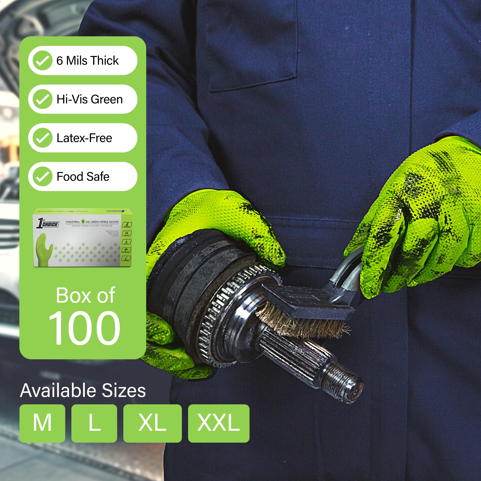 1st Choice 6 mil Green Gloves, Disposable, Latex Free, Raised Diamond Grip, Mechanic Glove for Men, Medium, 1 Box of 100