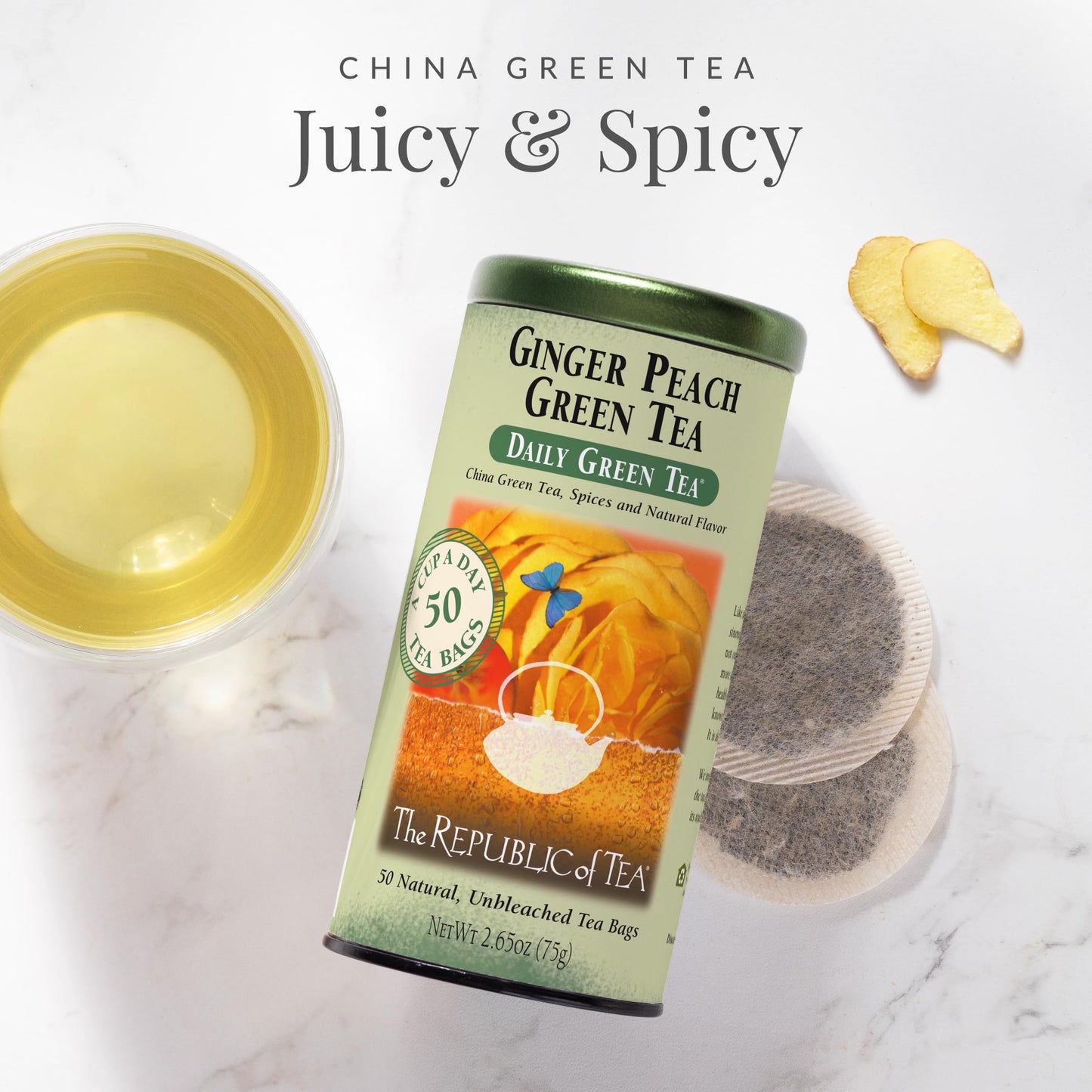 The Republic of Tea - Ginger Peach Green Tea, 50 Tea Bags, Tin | Flavored Fruit Tea | Caffeinated