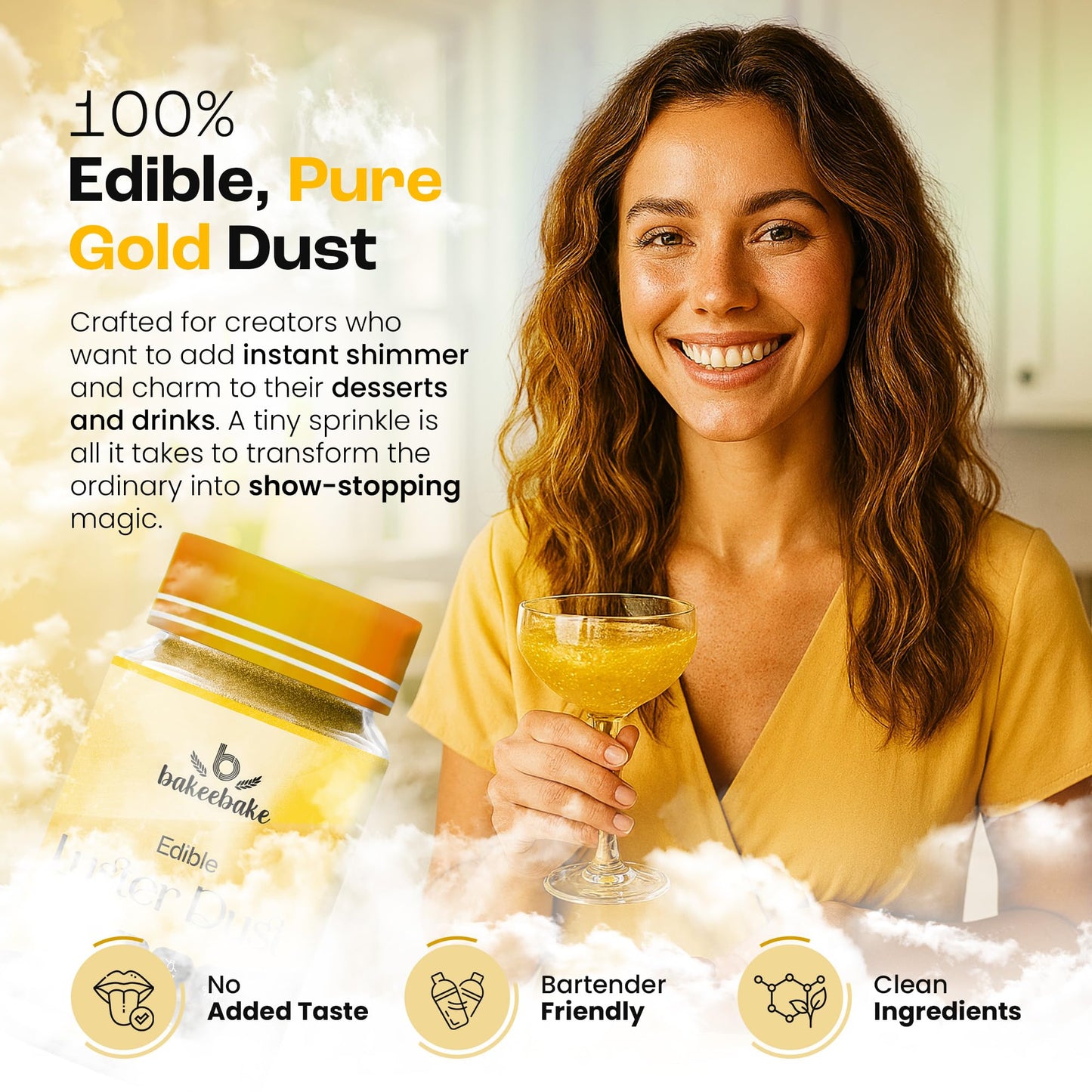 Bakeebake Gold Luster Dust Edible 15g - Edible Glitter for Drinks & Desserts - Gluten Free Edible Gold Dust for Cake Decorating - Tasteless Vegan
