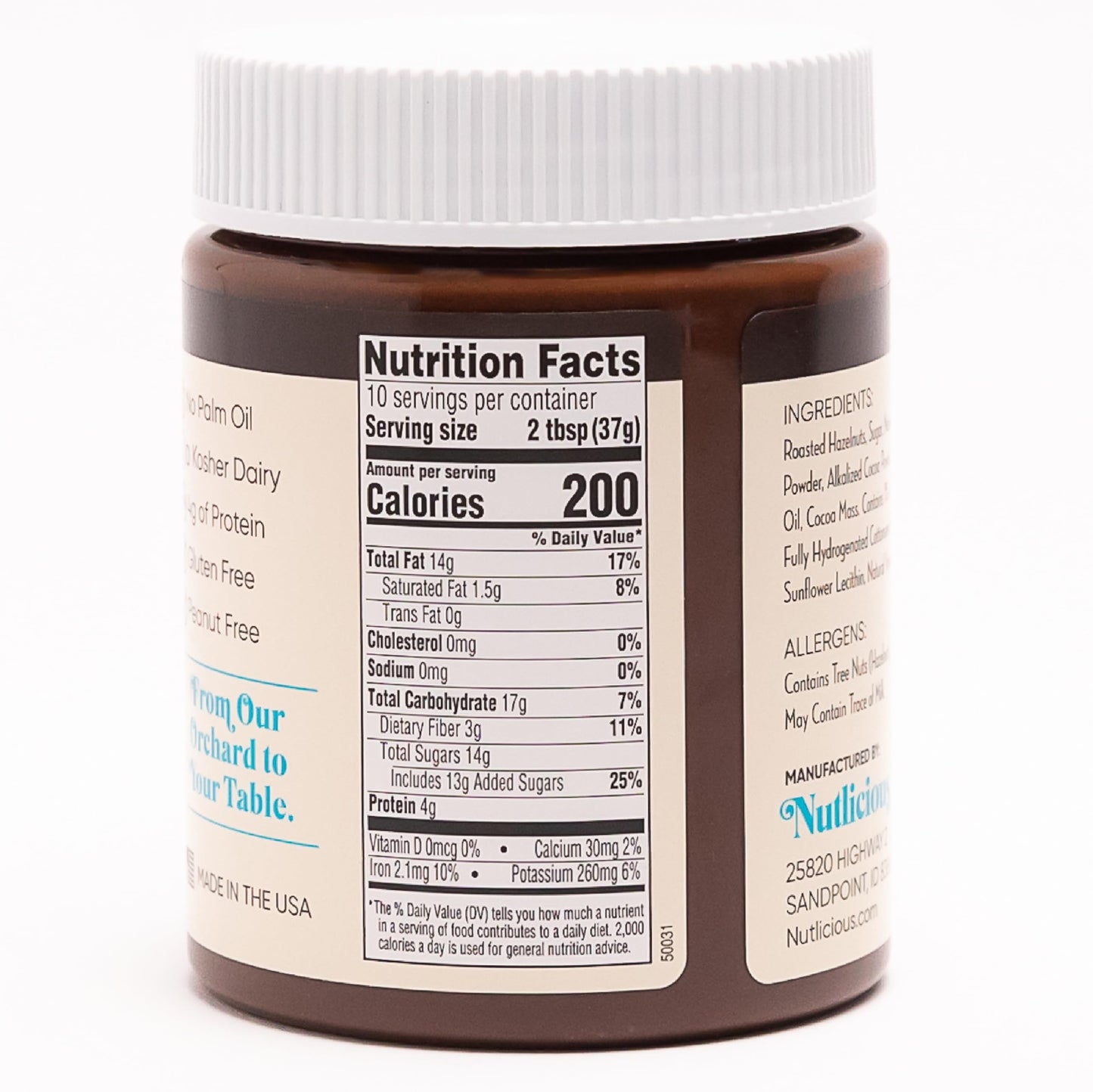 NUTLICIOUS Hazelnut Dark Cocoa Spread (13 oz), Spreadable Rich Dark Cocoa Roasted Hazelnuts, Made in the USA, No Palm Oil, 4g of Protein