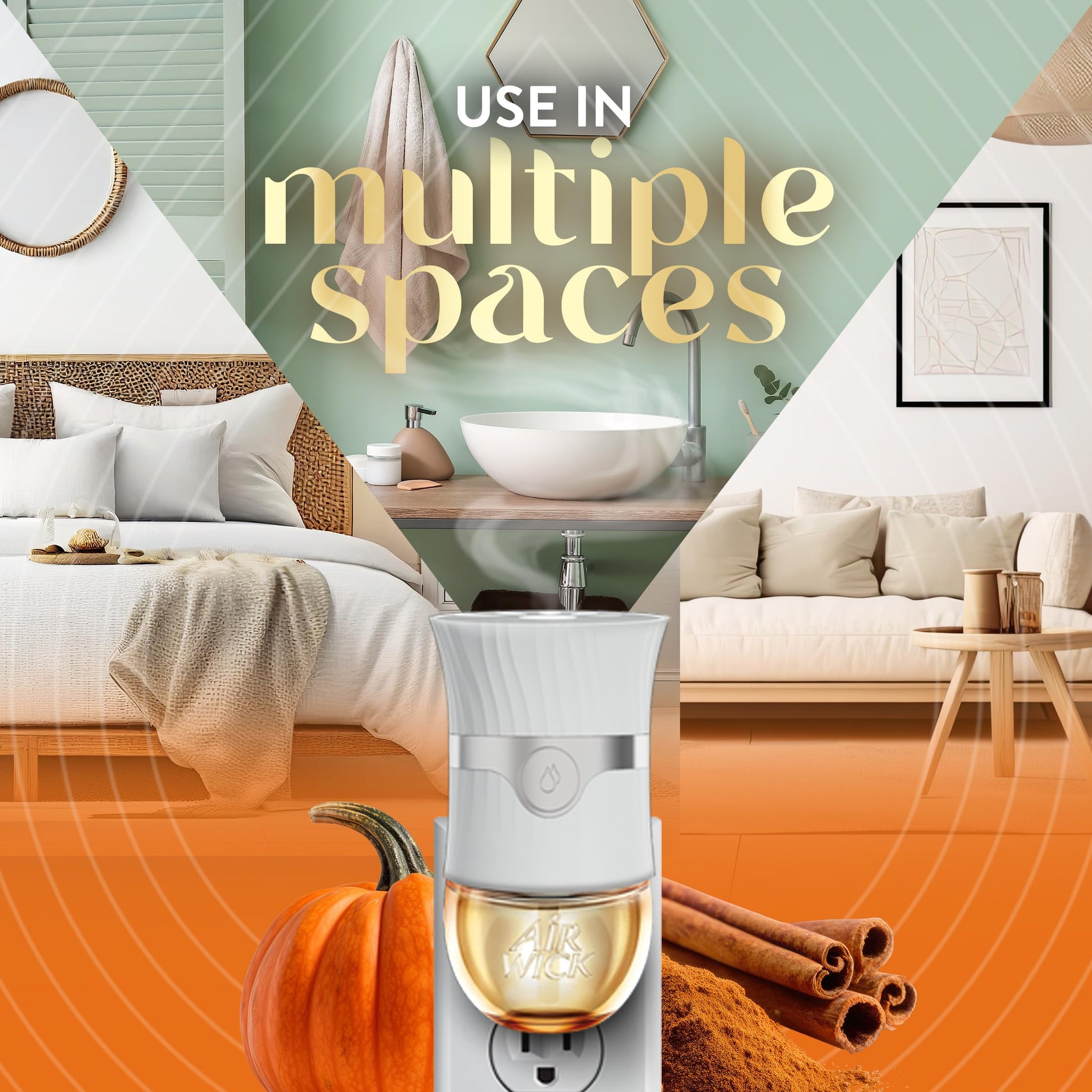 Air Wick Plug in Scented Oil Refill, Infused with Essential Oils, Plug in Air Fresheners for Home, Fall Scent, Fall Décor, Harvest Pumpkin & Spice, 5